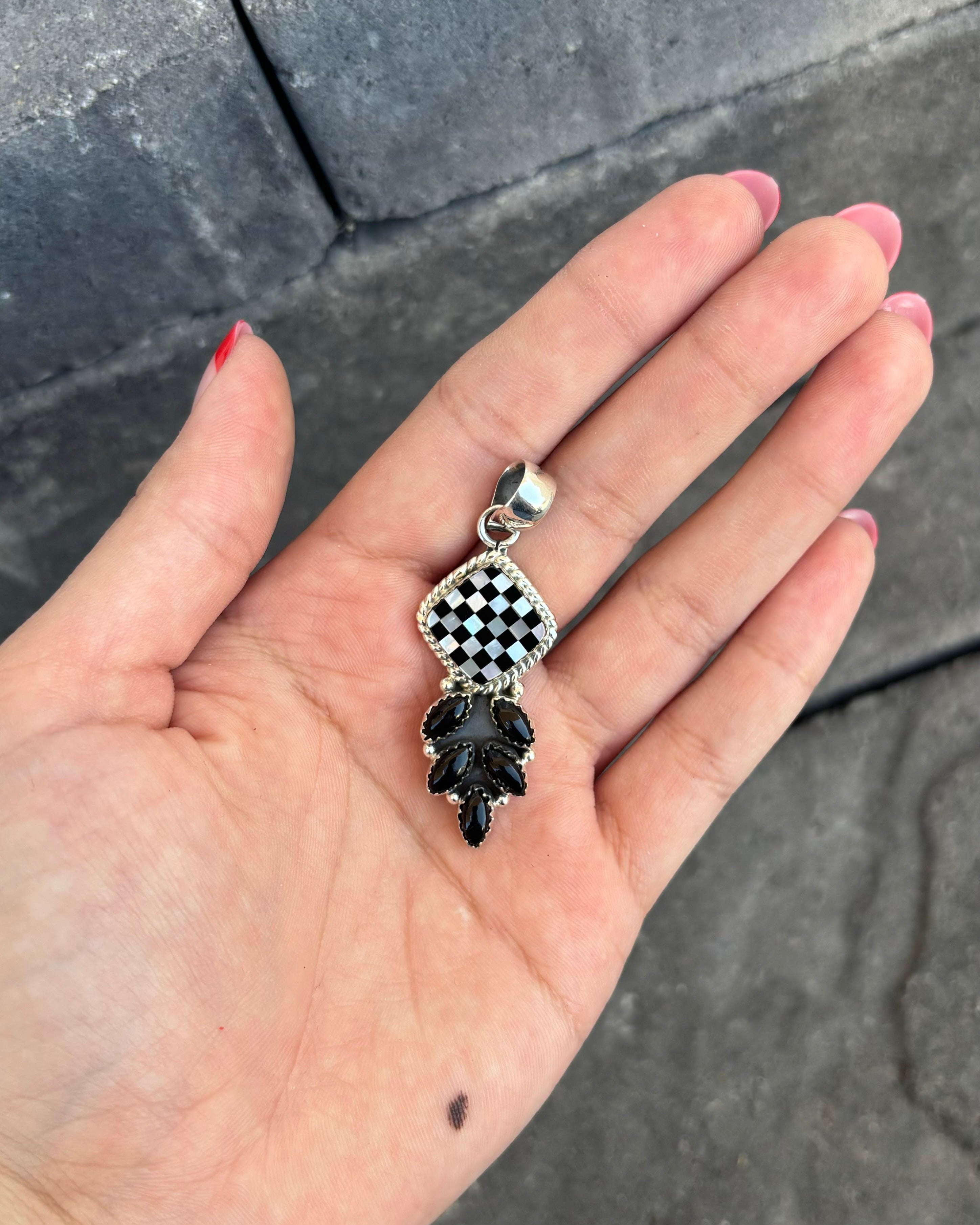 Simple Checkered & Stone Pendant-Pendant Necklaces-Krush Kandy, Women's Online Fashion Boutique Located in Phoenix, Arizona (Scottsdale Area)