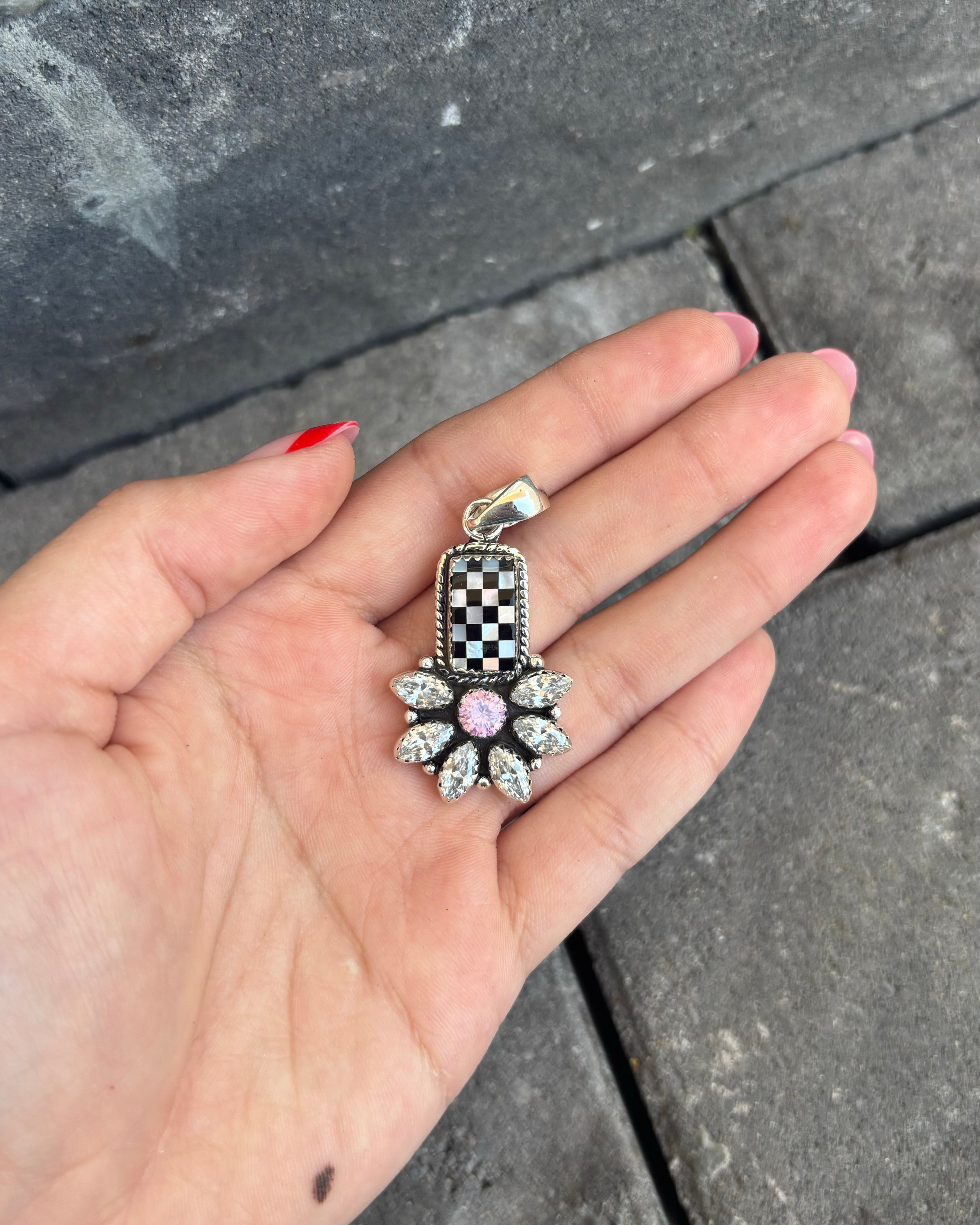 Checkered Blossom Stone Pendant-Pendant Necklaces-Krush Kandy, Women's Online Fashion Boutique Located in Phoenix, Arizona (Scottsdale Area)
