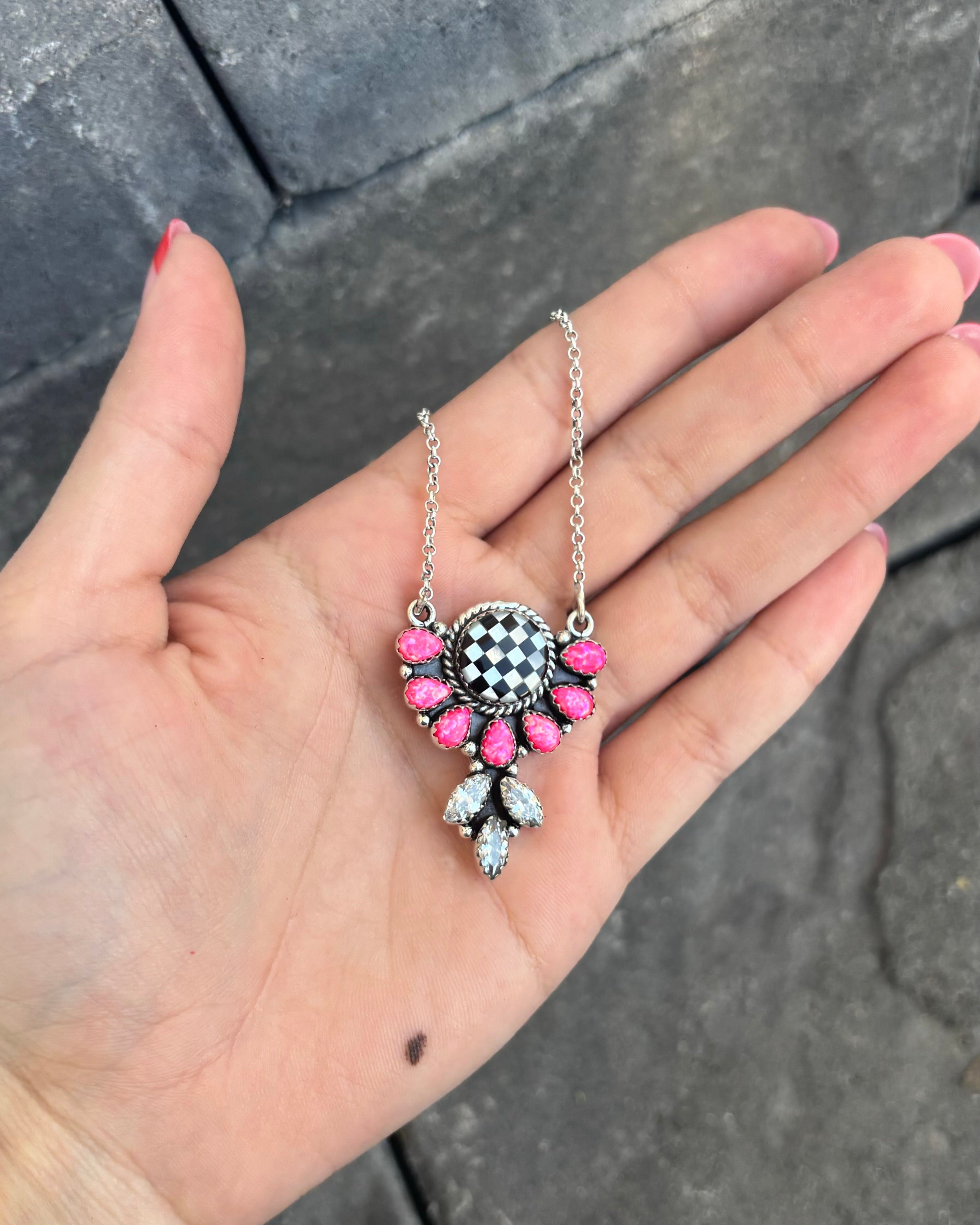 Half Flower Checkered Stone Necklace-Pendant Necklaces-Krush Kandy, Women's Online Fashion Boutique Located in Phoenix, Arizona (Scottsdale Area)