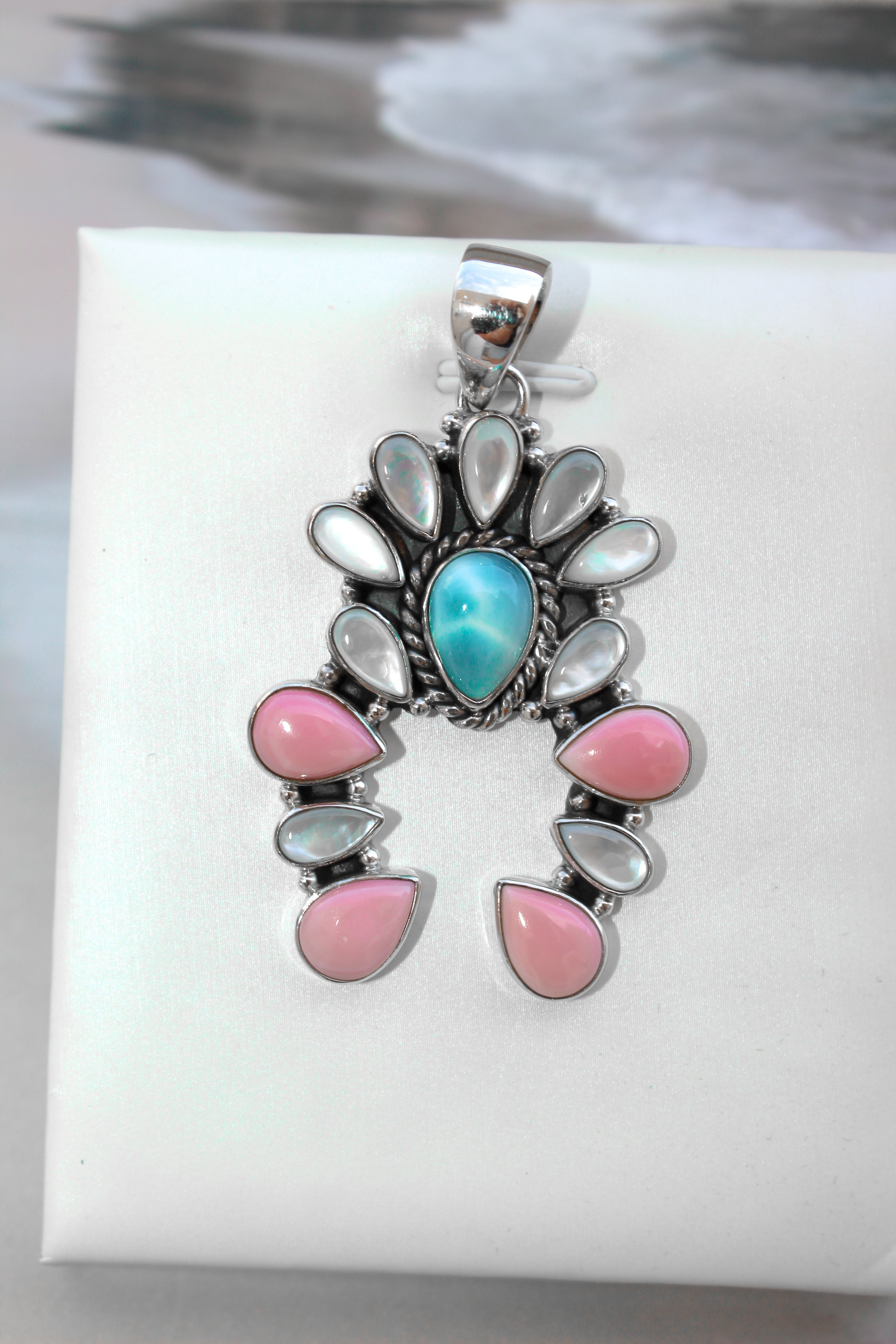 Delicate White Shell & Larimar Stone Horseshoe Pendant-Pendant Necklaces-Krush Kandy, Women's Online Fashion Boutique Located in Phoenix, Arizona (Scottsdale Area)