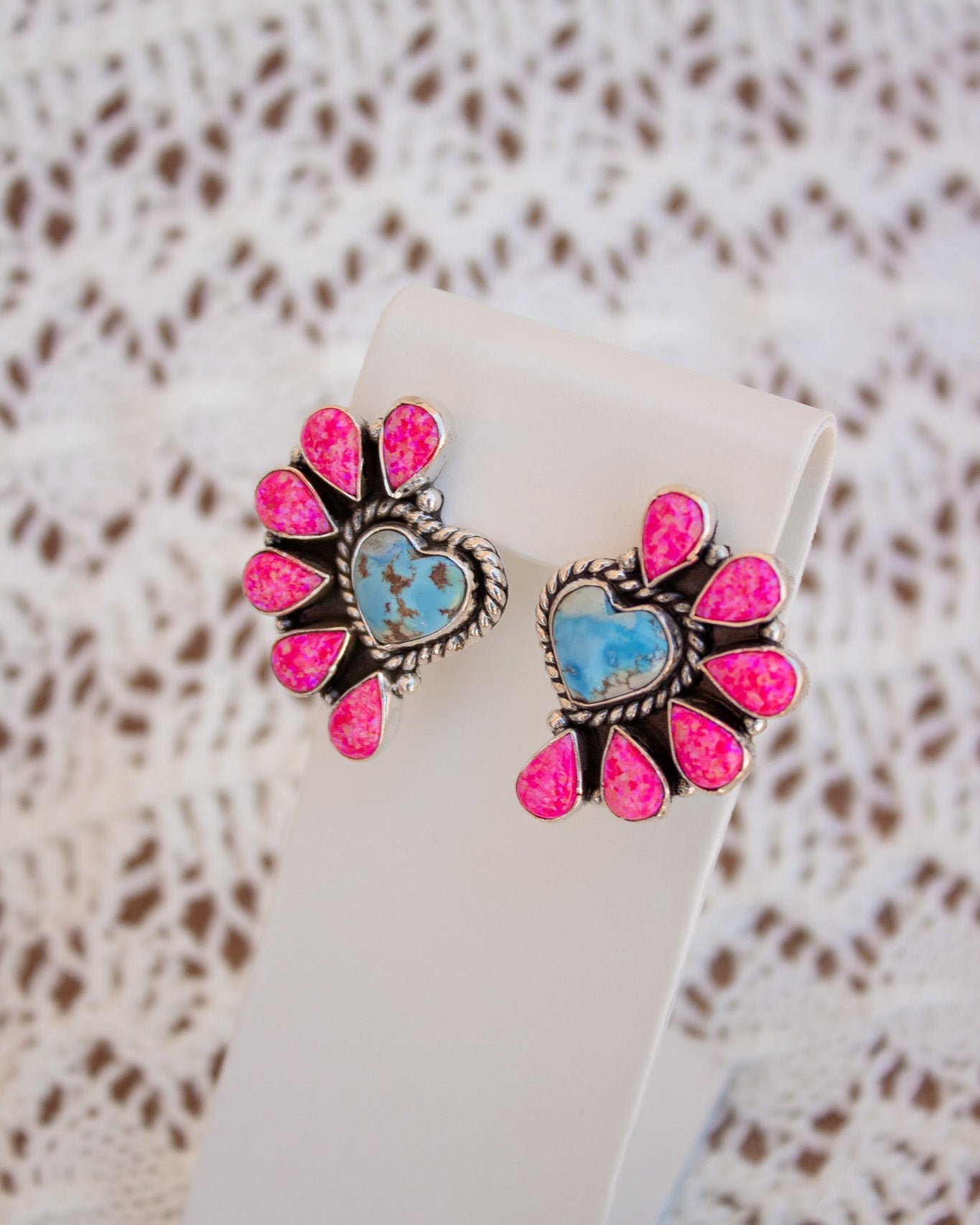 Neon Pink Opal Half Heart Cluster Golden Hills Earrings-Stud Earrings-Krush Kandy, Women's Online Fashion Boutique Located in Phoenix, Arizona (Scottsdale Area)