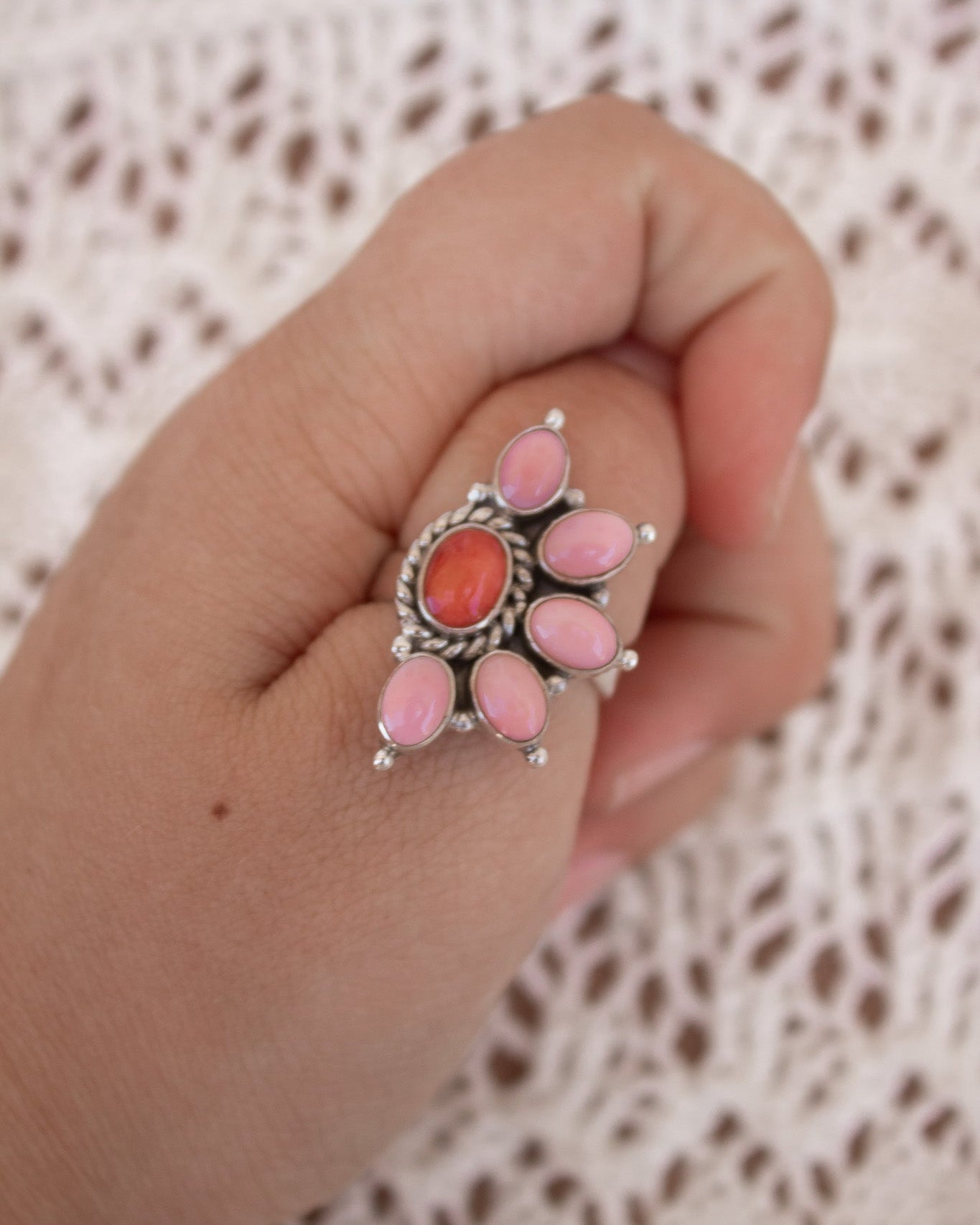 Pink Conch & Stone Half Flower Ring-Cluster Rings-Krush Kandy, Women's Online Fashion Boutique Located in Phoenix, Arizona (Scottsdale Area)