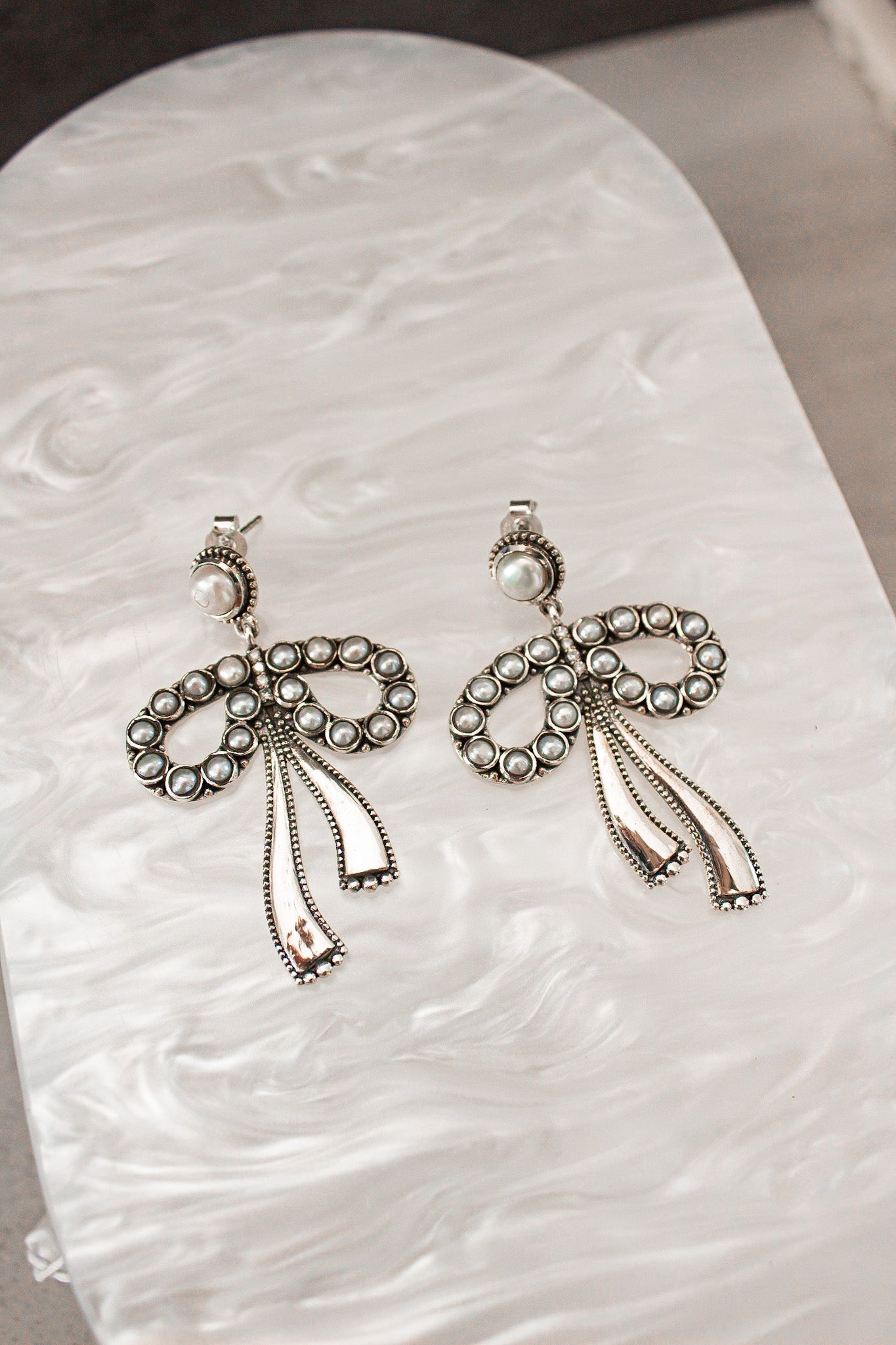 Stone Bliss Sterling Silver Bow Earrings-Stud Earrings-Krush Kandy, Women's Online Fashion Boutique Located in Phoenix, Arizona (Scottsdale Area)