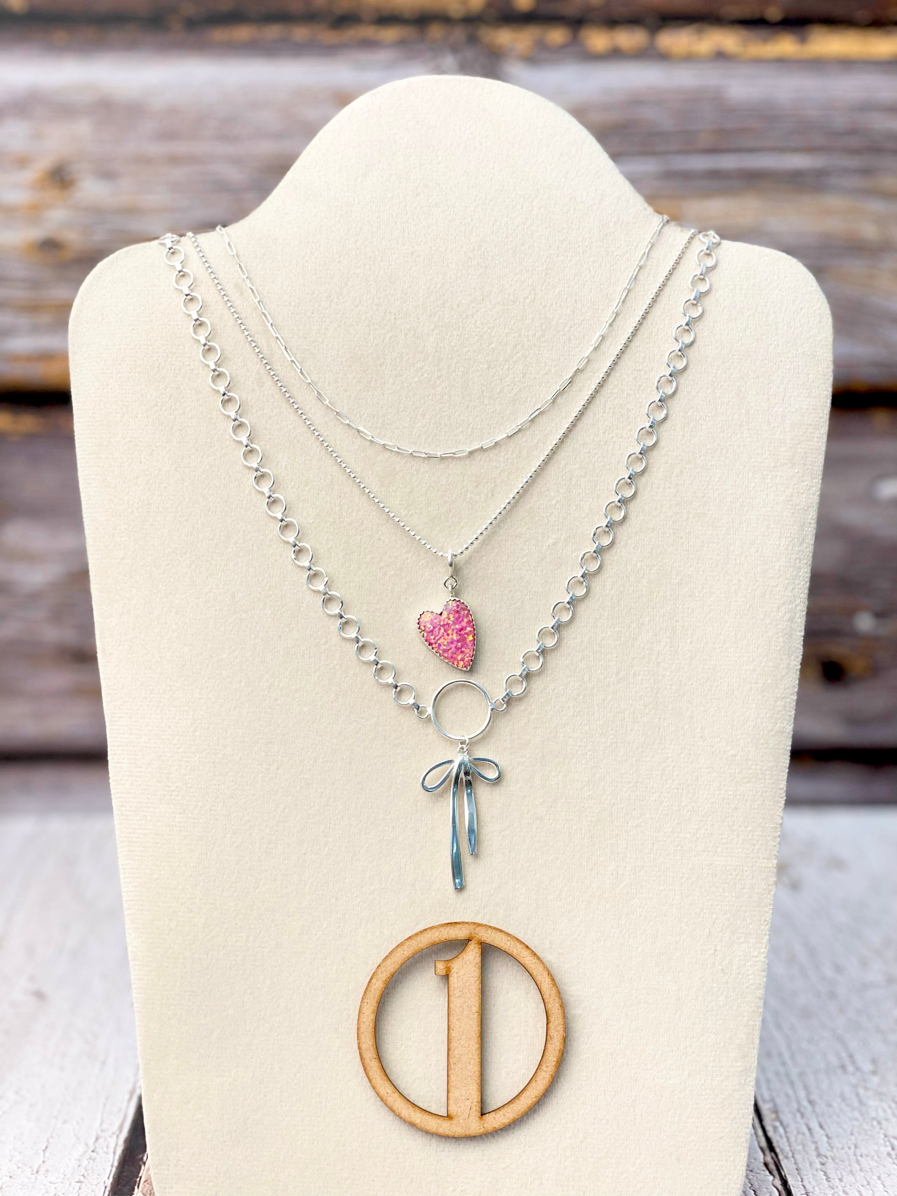 Opal Heart & Bow Layered Necklace-Necklaces-Krush Kandy, Women's Online Fashion Boutique Located in Phoenix, Arizona (Scottsdale Area)