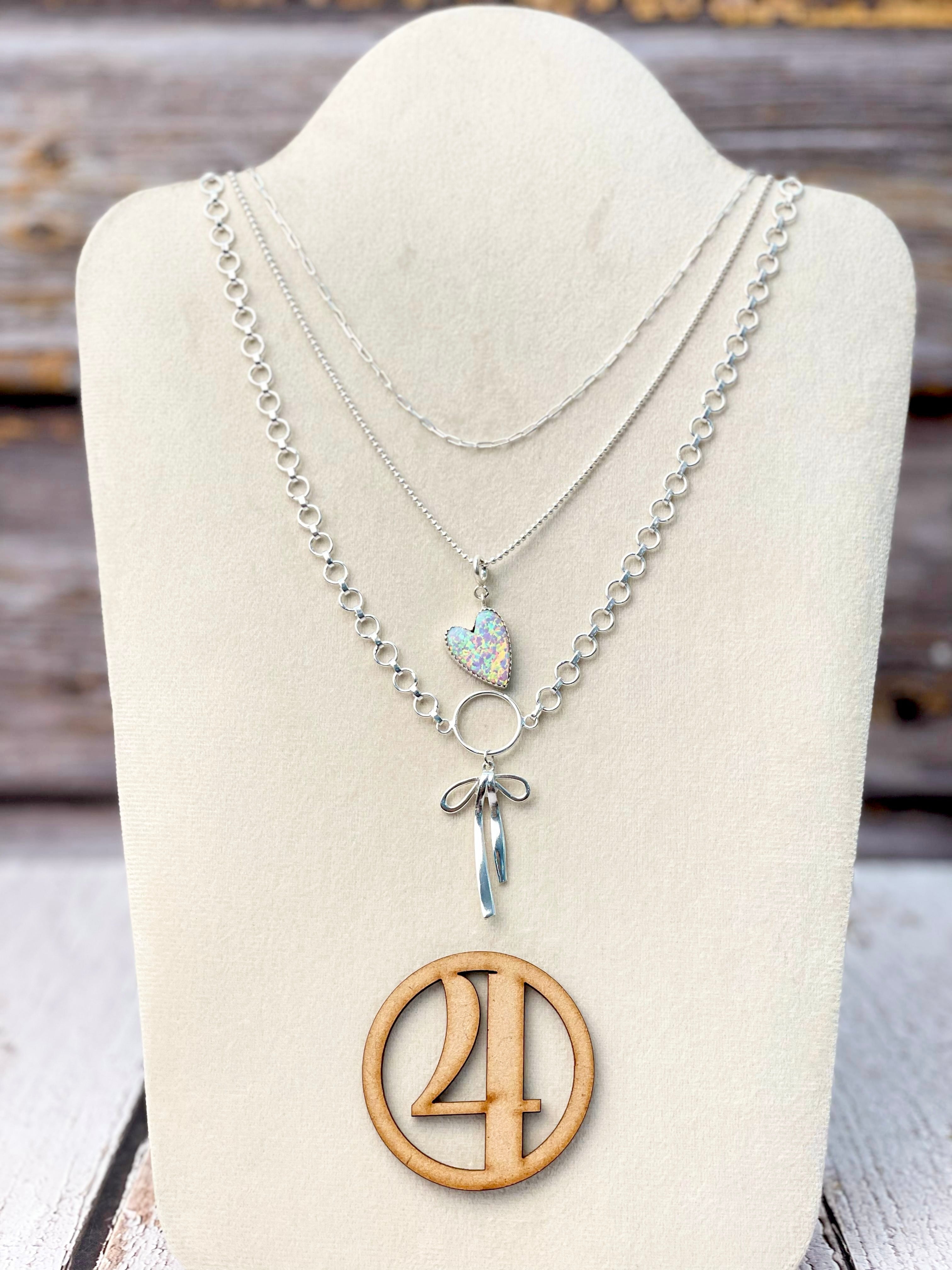 Opal Heart & Bow Layered Necklace-Necklaces-Krush Kandy, Women's Online Fashion Boutique Located in Phoenix, Arizona (Scottsdale Area)
