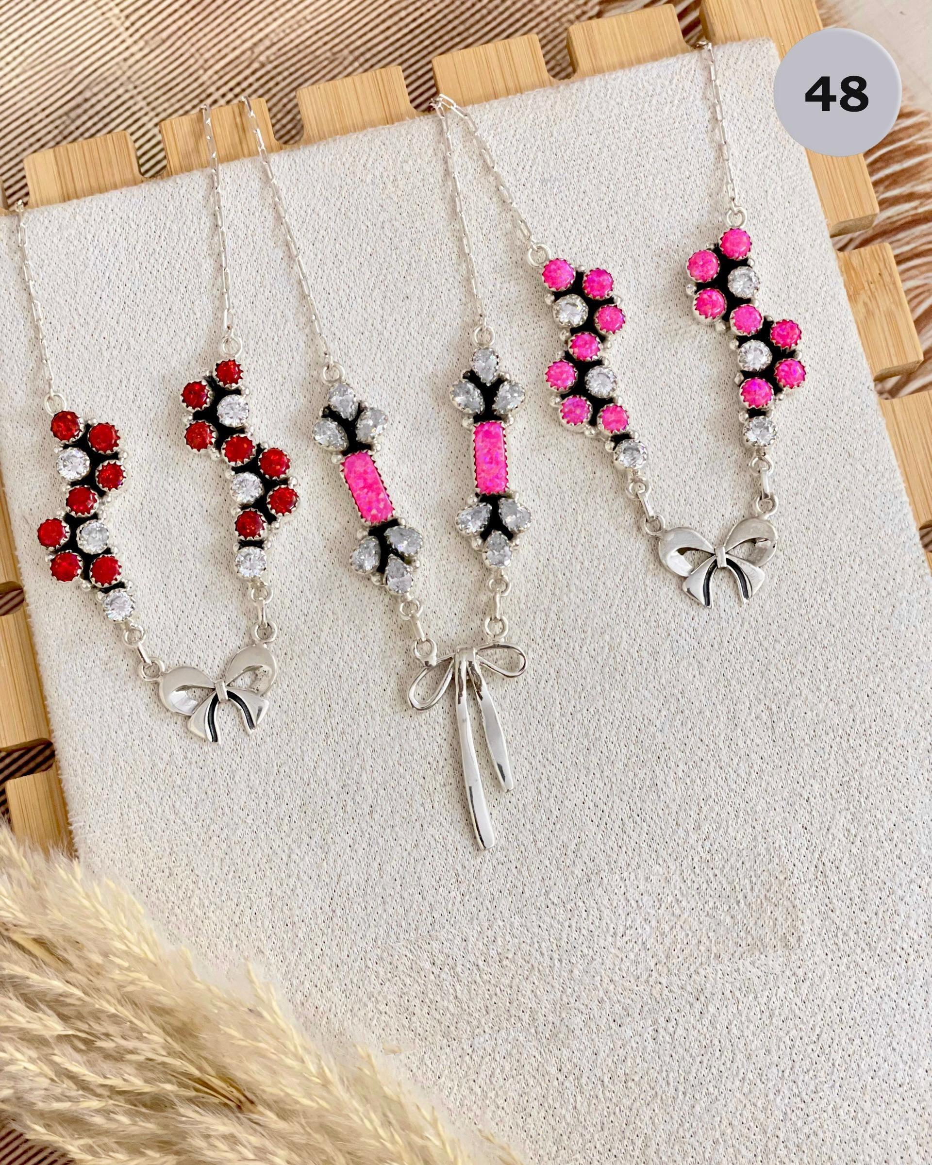 One Of A Kind Opal & Bow Necklaces-Chain Necklaces-Krush Kandy, Women's Online Fashion Boutique Located in Phoenix, Arizona (Scottsdale Area)