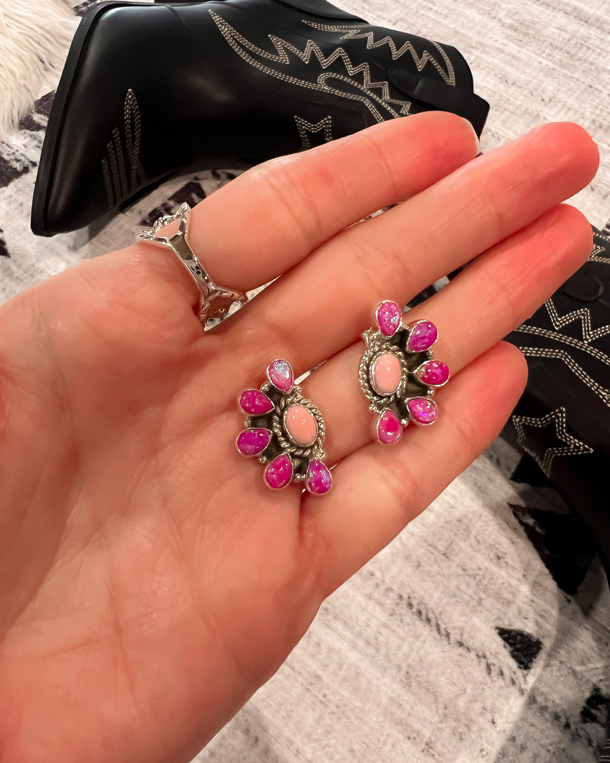 Krush Original | Barbie's Half Cluster Neon Pink Opal & Pink Conch Earrings-Krush Kandy, Women's Online Fashion Boutique Located in Phoenix, Arizona (Scottsdale Area)