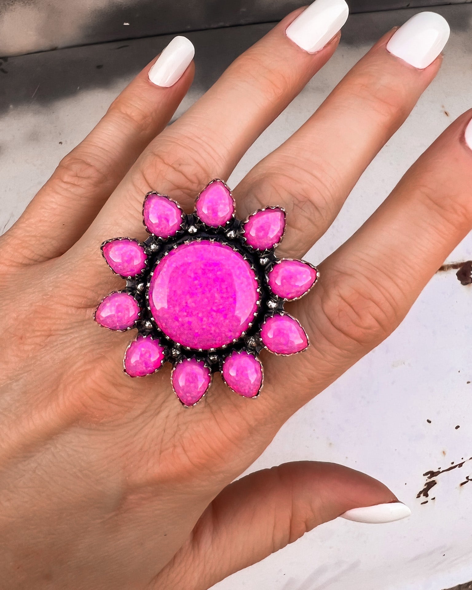 Neon Pink Opal Sunflower Cluster Sterling Silver Ring-Krush Kandy, Women's Online Fashion Boutique Located in Phoenix, Arizona (Scottsdale Area)