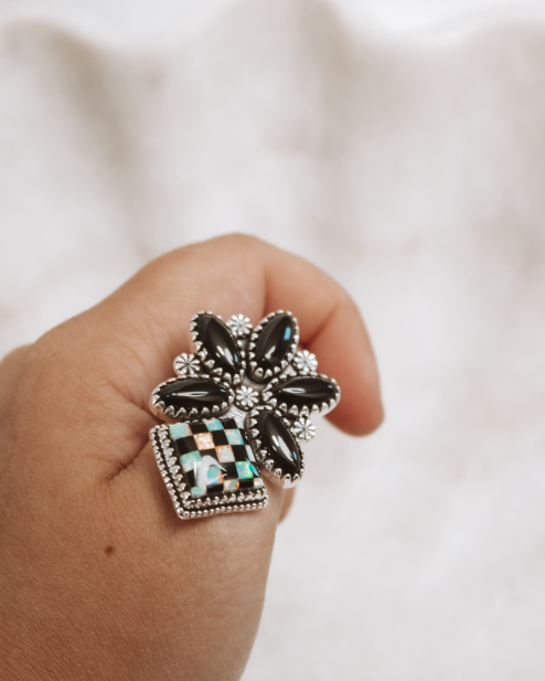 Half Blossom Checkered Ring-Cluster Rings-Krush Kandy, Women's Online Fashion Boutique Located in Phoenix, Arizona (Scottsdale Area)