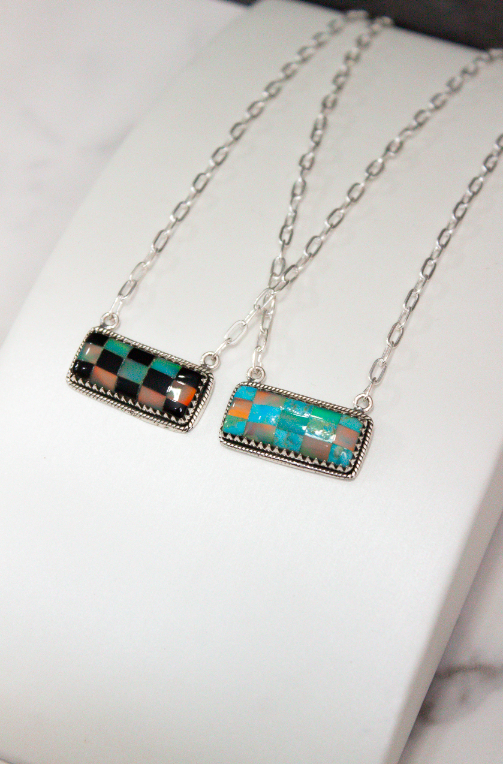 Checkered Bar Necklace-Chain Necklaces-Krush Kandy, Women's Online Fashion Boutique Located in Phoenix, Arizona (Scottsdale Area)