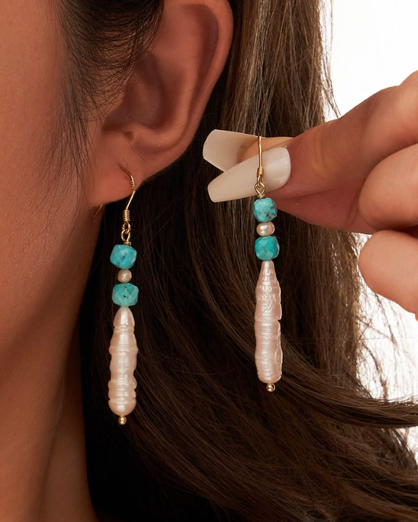 Vintage Turquoise & Pearl Threader Earrings-Earrings-Krush Kandy, Women's Online Fashion Boutique Located in Phoenix, Arizona (Scottsdale Area)