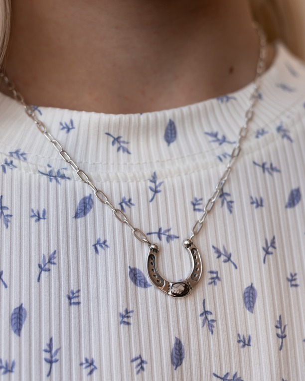 Horseshoe Harmony Single Stone Necklace-Chain Necklaces-Krush Kandy, Women's Online Fashion Boutique Located in Phoenix, Arizona (Scottsdale Area)