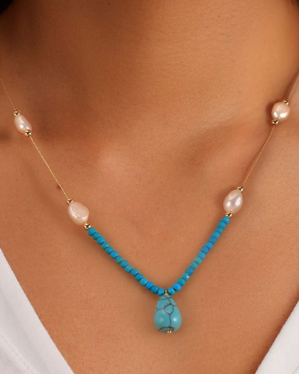 Pearl & Turquoise Slab Trend Necklace-Necklaces-Krush Kandy, Women's Online Fashion Boutique Located in Phoenix, Arizona (Scottsdale Area)
