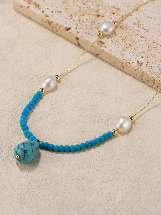 Pearl & Turquoise Slab Trend Necklace-Necklaces-Krush Kandy, Women's Online Fashion Boutique Located in Phoenix, Arizona (Scottsdale Area)