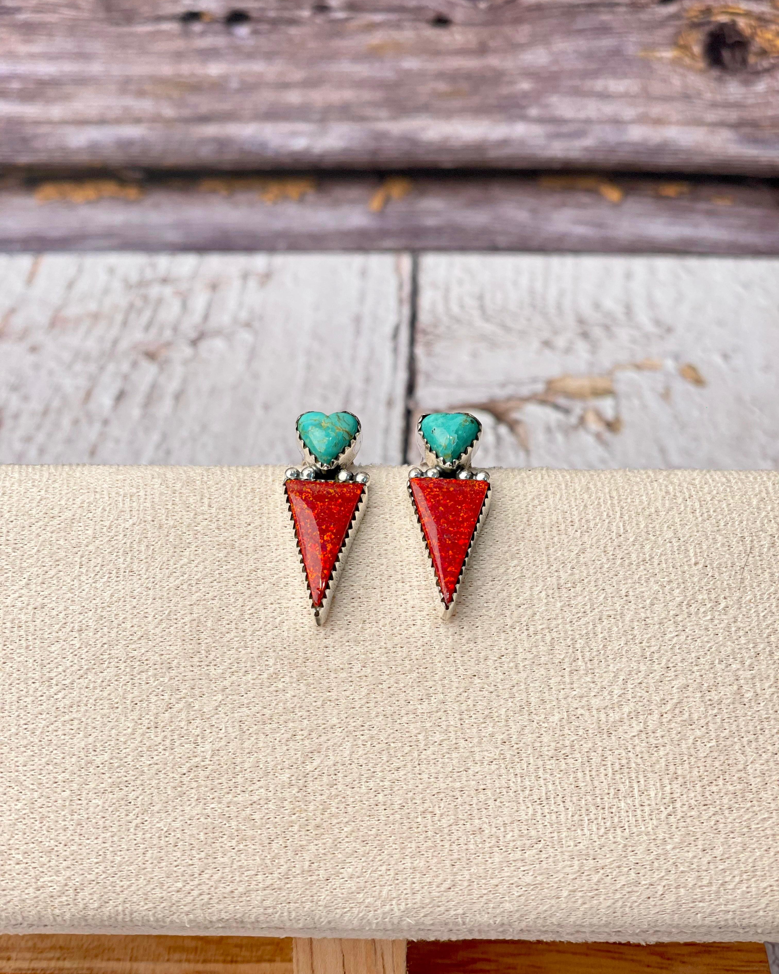 Heart On Fire Turquoise & Red Opal Earrings-Stud Earrings-Krush Kandy, Women's Online Fashion Boutique Located in Phoenix, Arizona (Scottsdale Area)