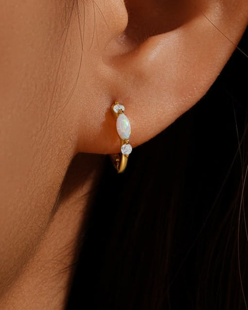 Sterling Silver Opal Geometric Dainty Huggie Earrings-Earrings-Krush Kandy, Women's Online Fashion Boutique Located in Phoenix, Arizona (Scottsdale Area)