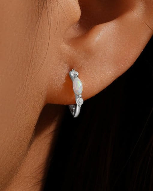 Sterling Silver Opal Geometric Dainty Huggie Earrings-Earrings-Krush Kandy, Women's Online Fashion Boutique Located in Phoenix, Arizona (Scottsdale Area)