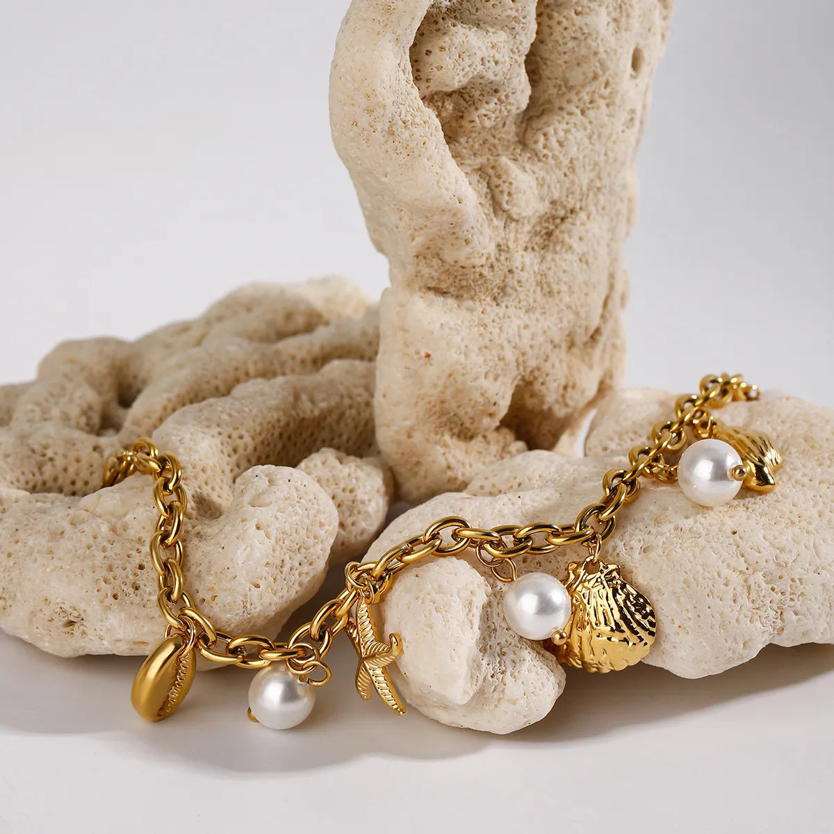 Ocean Theme Stainless Steel Chain Bracelet with Seashell and Starfish Pendants-Bracelets-Krush Kandy, Women's Online Fashion Boutique Located in Phoenix, Arizona (Scottsdale Area)
