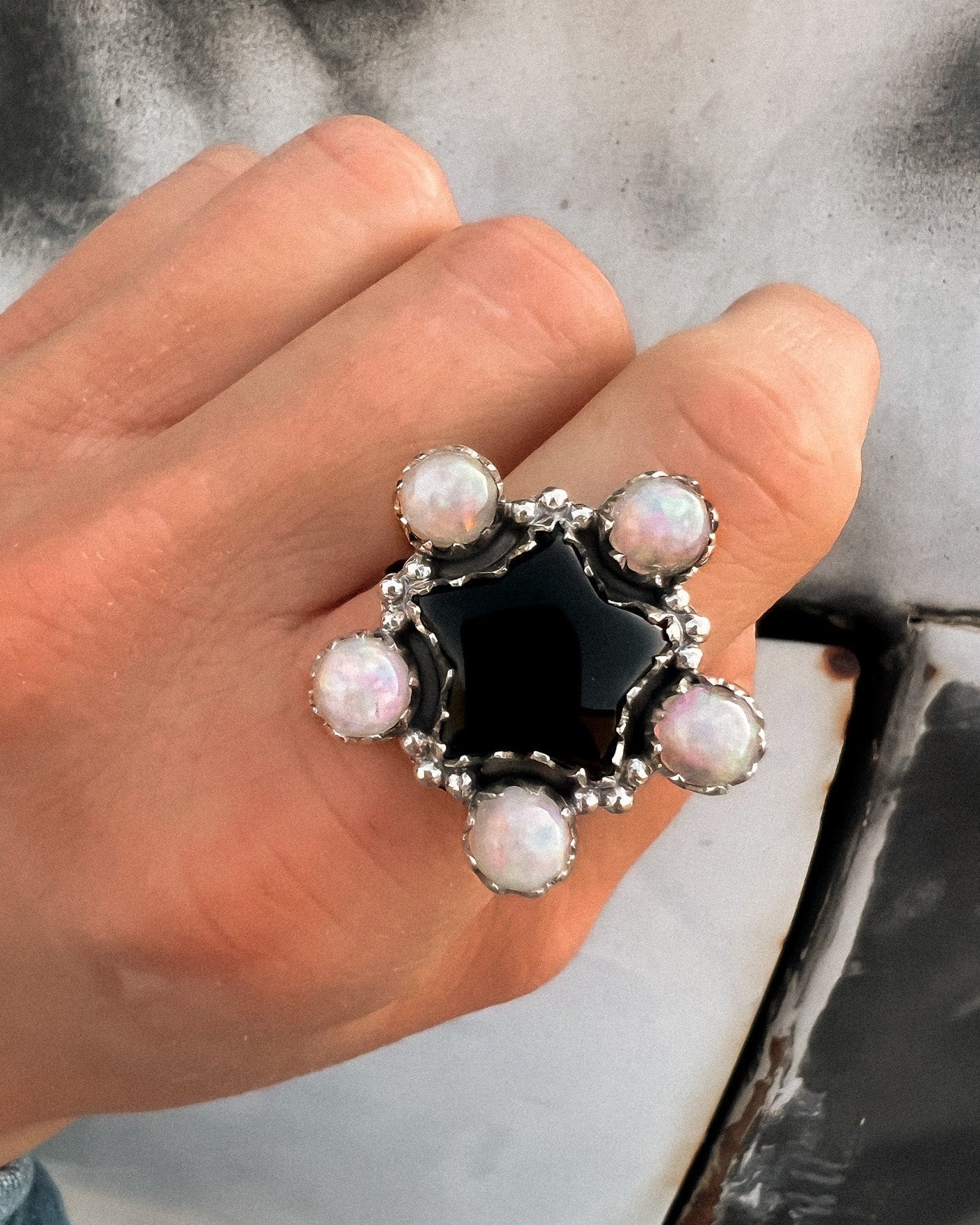 Mini White Opal & Black Onyx Star Cluster Ring-Krush Kandy, Women's Online Fashion Boutique Located in Phoenix, Arizona (Scottsdale Area)