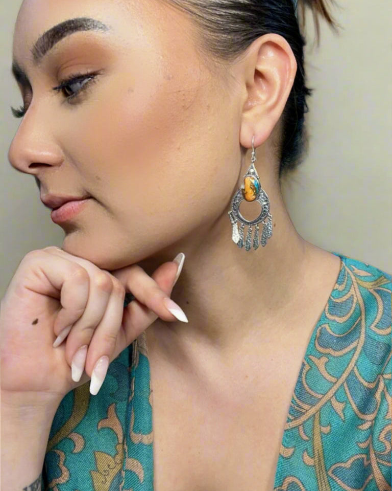 Boho Fringe Sterling Silver Stone Earrings-Drop Earrings-Krush Kandy, Women's Online Fashion Boutique Located in Phoenix, Arizona (Scottsdale Area)