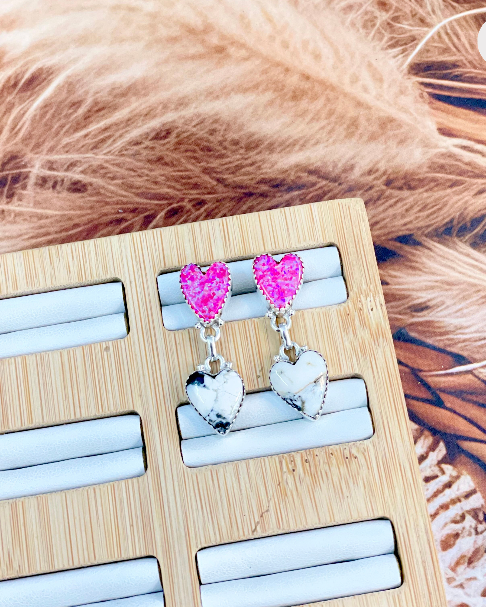 Neon Pink Opal & White Buffalo Heart Earrings-Stud Earrings-Krush Kandy, Women's Online Fashion Boutique Located in Phoenix, Arizona (Scottsdale Area)