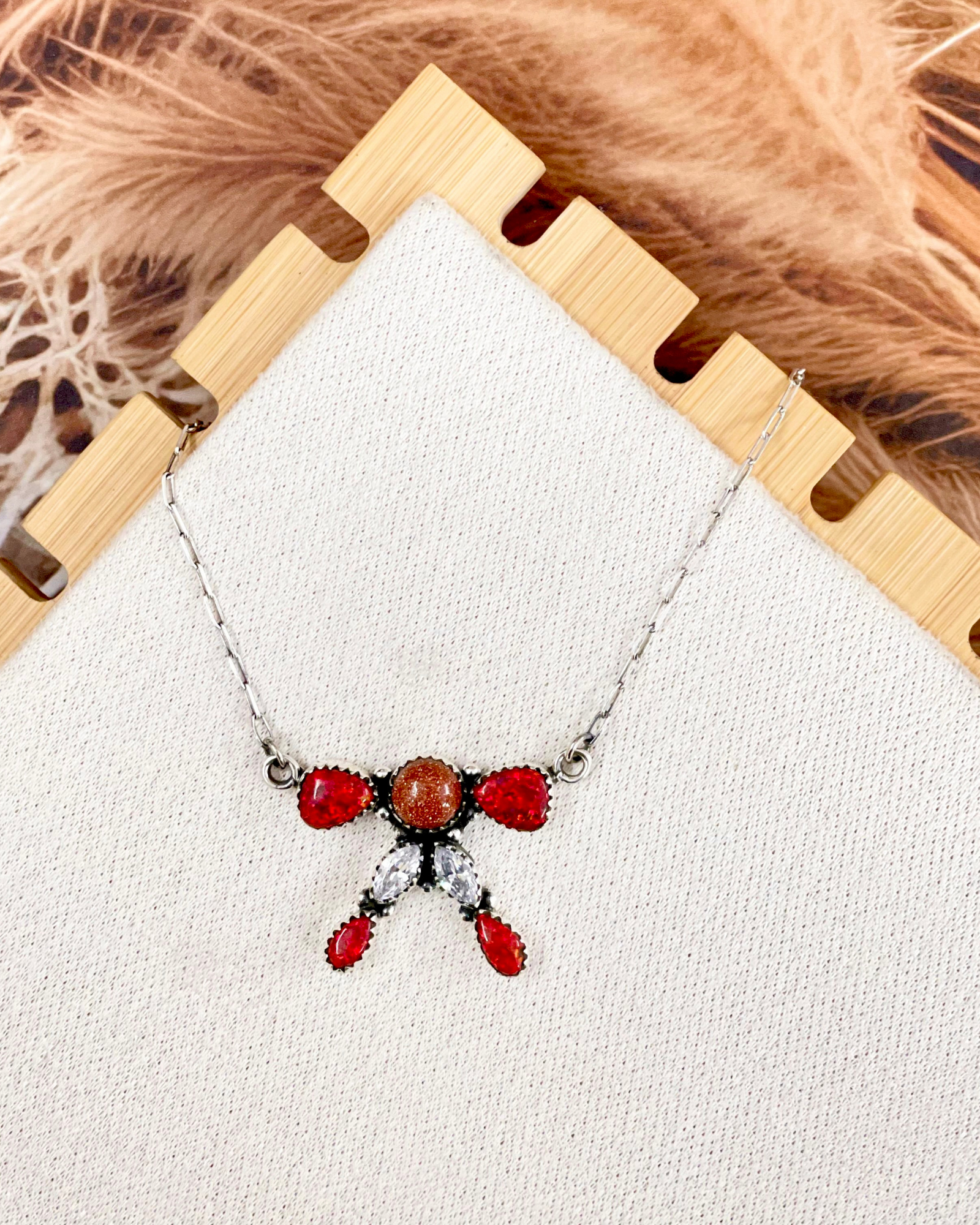Sunstone, Crystal & Red Opal Bow Necklace-Necklaces-Krush Kandy, Women's Online Fashion Boutique Located in Phoenix, Arizona (Scottsdale Area)