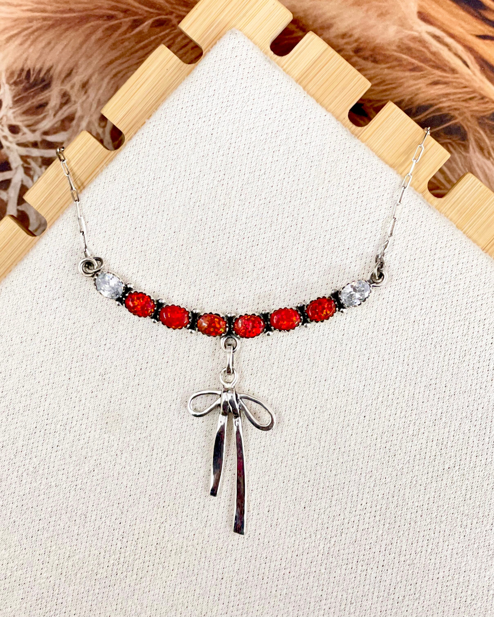 Red Opal & Crystal Bow Drop Necklace-Necklaces-Krush Kandy, Women's Online Fashion Boutique Located in Phoenix, Arizona (Scottsdale Area)