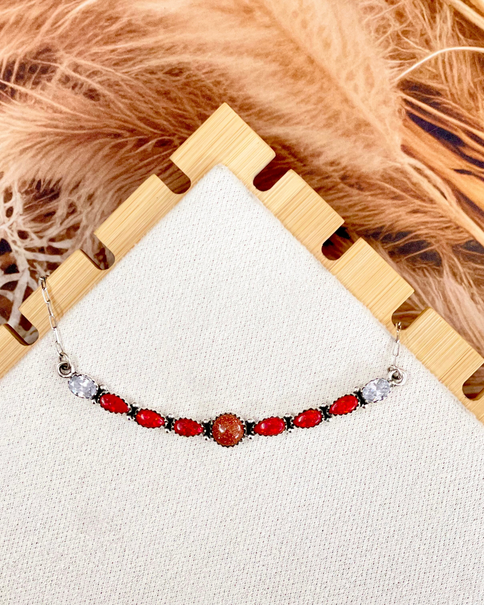 Red Opal, Sunstone & Crystal Bar Necklace-Necklaces-Krush Kandy, Women's Online Fashion Boutique Located in Phoenix, Arizona (Scottsdale Area)