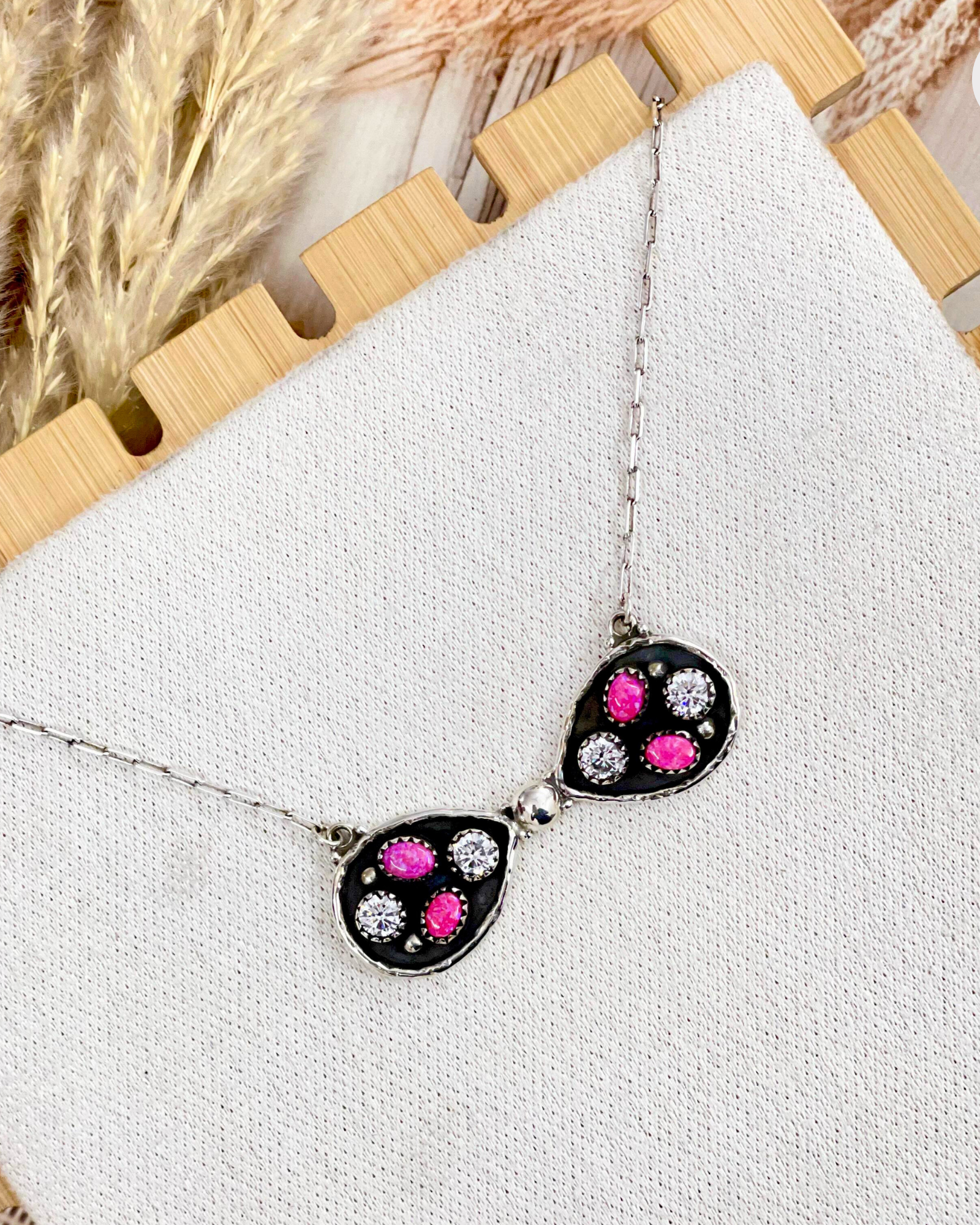 Neon Pink Opal & Crystal Bow Necklace-Necklaces-Krush Kandy, Women's Online Fashion Boutique Located in Phoenix, Arizona (Scottsdale Area)