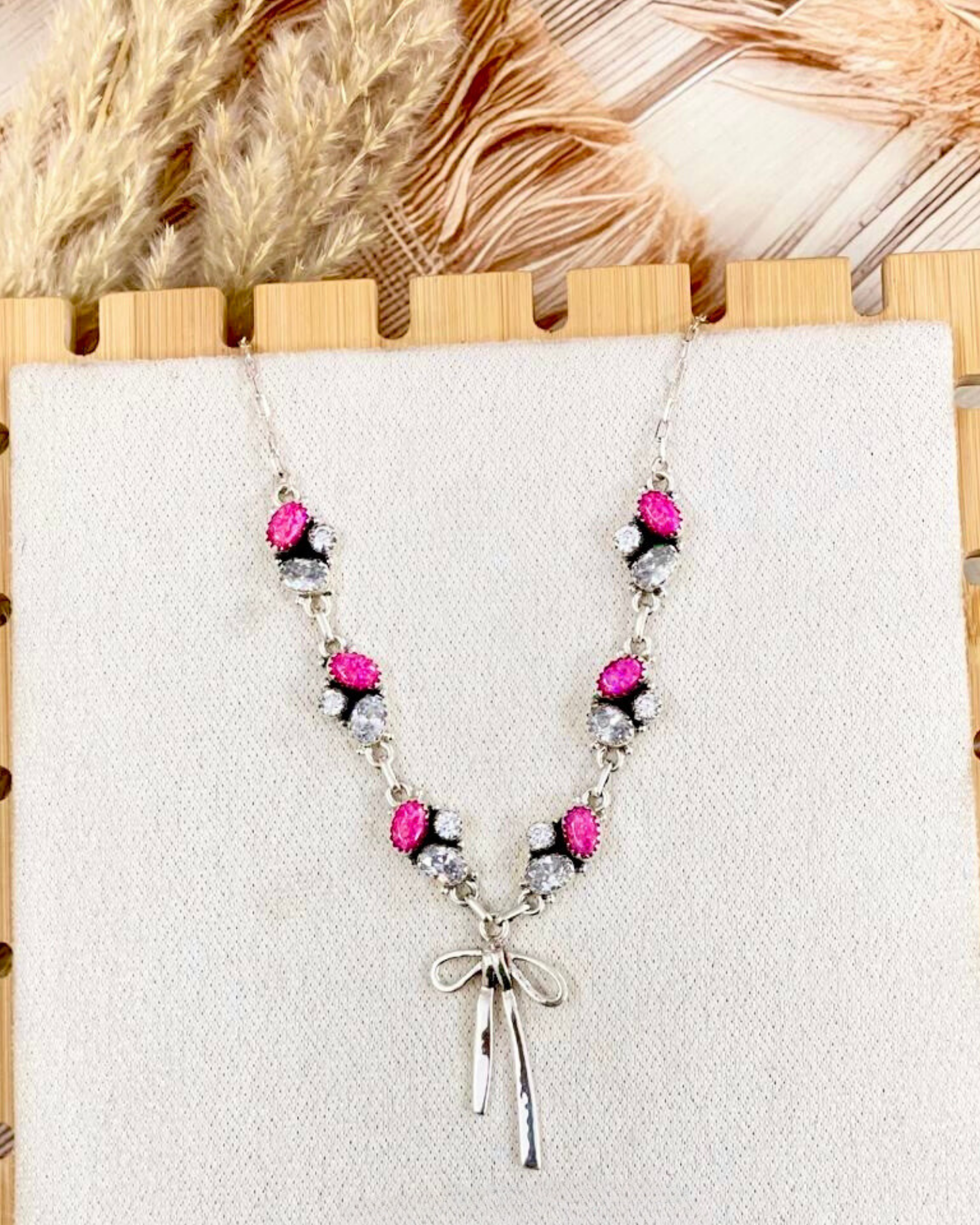 Crystal & Neon Pink Opal Bow Necklace-Necklaces-Krush Kandy, Women's Online Fashion Boutique Located in Phoenix, Arizona (Scottsdale Area)