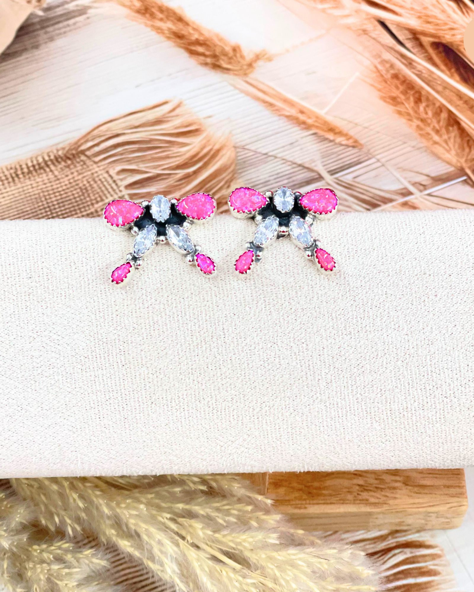 Neon Pink Opal & Crystal Bow Earrings-Stud Earrings-Krush Kandy, Women's Online Fashion Boutique Located in Phoenix, Arizona (Scottsdale Area)