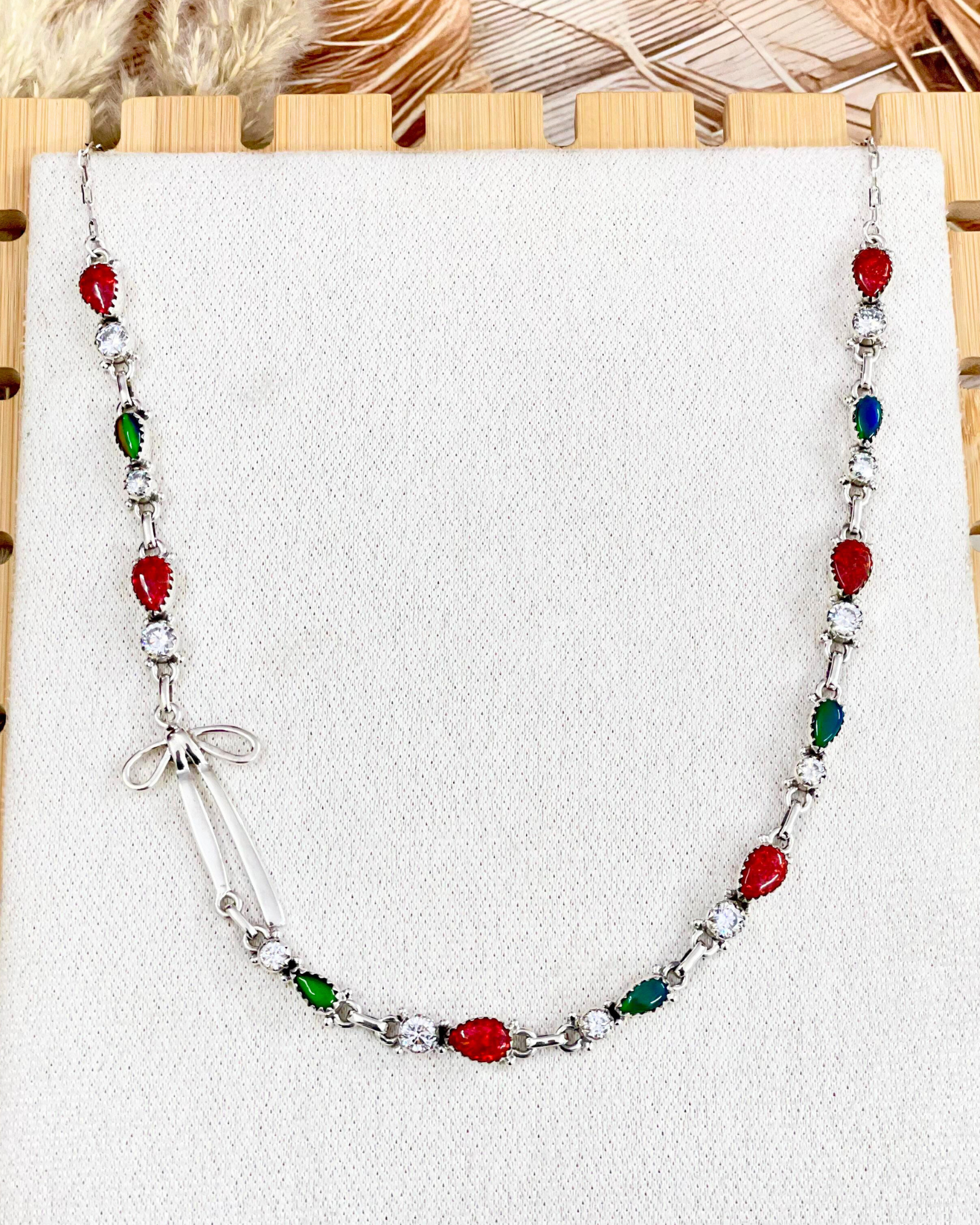 Holiday Bow & Stone Necklace-Chain Necklaces-Krush Kandy, Women's Online Fashion Boutique Located in Phoenix, Arizona (Scottsdale Area)