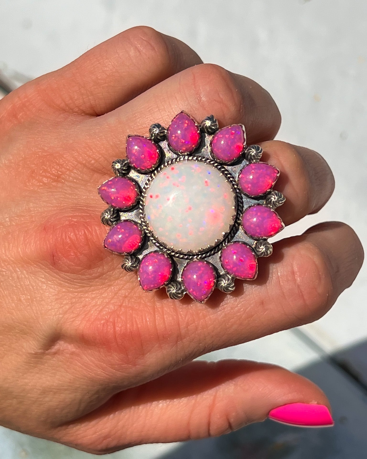 Pink & White Opal Sunflower Cluster Sterling Silver Ring-Krush Kandy, Women's Online Fashion Boutique Located in Phoenix, Arizona (Scottsdale Area)