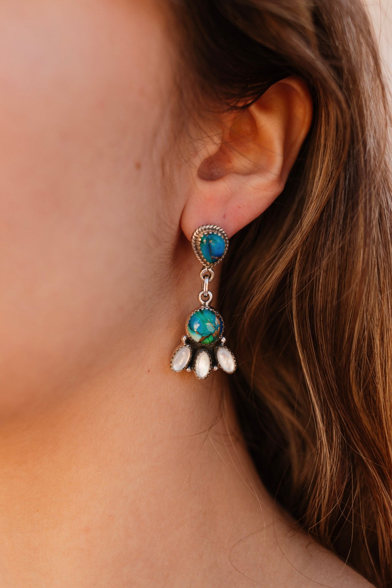 Peacock Dahlia & White Shell Clove Cluster Earrings-Earrings-Krush Kandy, Women's Online Fashion Boutique Located in Phoenix, Arizona (Scottsdale Area)