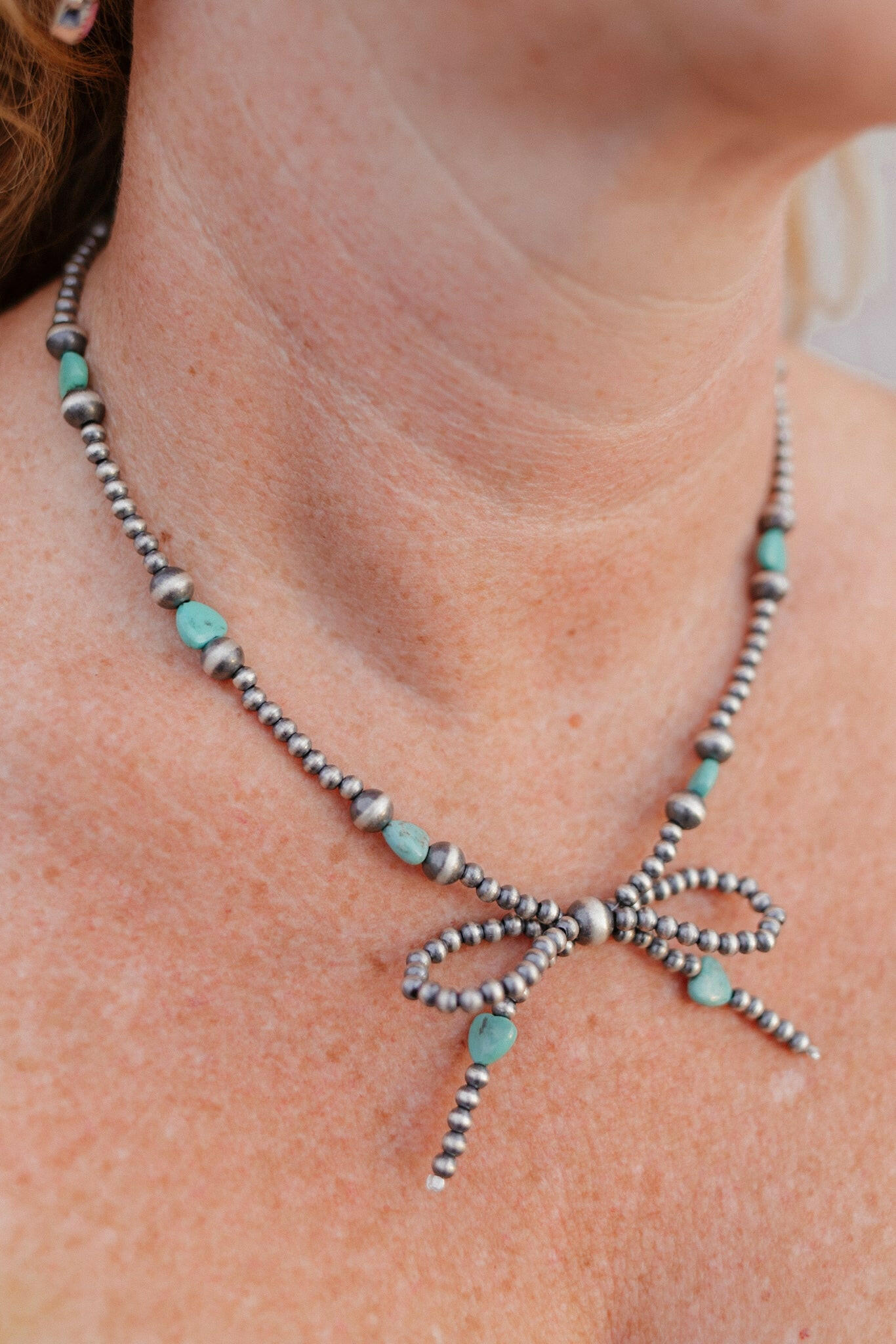 Turquoise Heart & Desert Pearl Bow Necklace-Chain Necklaces-Krush Kandy, Women's Online Fashion Boutique Located in Phoenix, Arizona (Scottsdale Area)