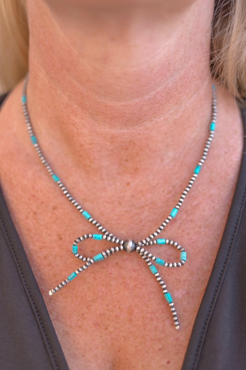 Turquoise Slabs & Desert Pearl Bow Necklace-Chain Necklaces-Krush Kandy, Women's Online Fashion Boutique Located in Phoenix, Arizona (Scottsdale Area)