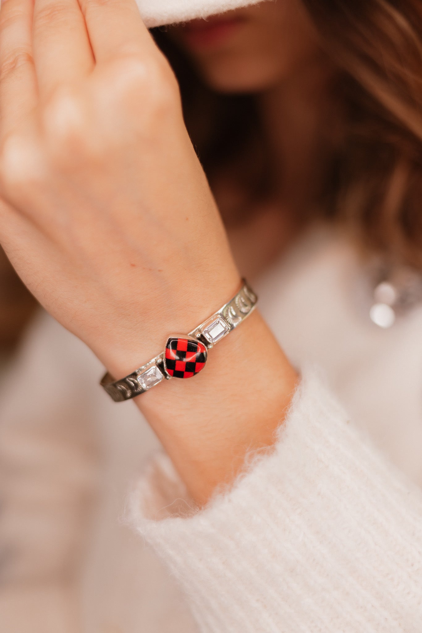 Red Checkered Teardrop & White CZ Cuff-Bracelets-Krush Kandy, Women's Online Fashion Boutique Located in Phoenix, Arizona (Scottsdale Area)