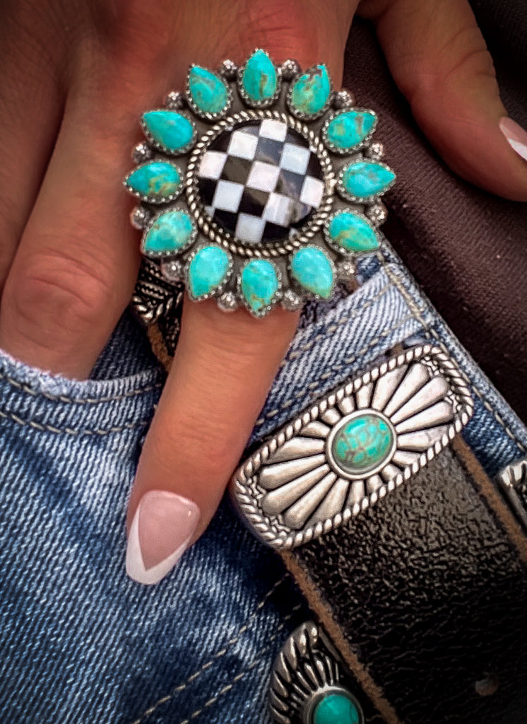 Turquoise & Checkered Sunflower Ring MADE TO ORDER-Statement Rings-Krush Kandy, Women's Online Fashion Boutique Located in Phoenix, Arizona (Scottsdale Area)
