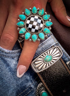 Turquoise & Checkered Sunflower Ring (BIG & SMALL) MADE TO ORDER-Statement Rings-Krush Kandy, Women's Online Fashion Boutique Located in Phoenix, Arizona (Scottsdale Area)