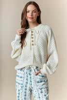 White Knit Sweater with Wooden Buttons and Drawstring Detail-Sweaters-Krush Kandy, Women's Online Fashion Boutique Located in Phoenix, Arizona (Scottsdale Area)