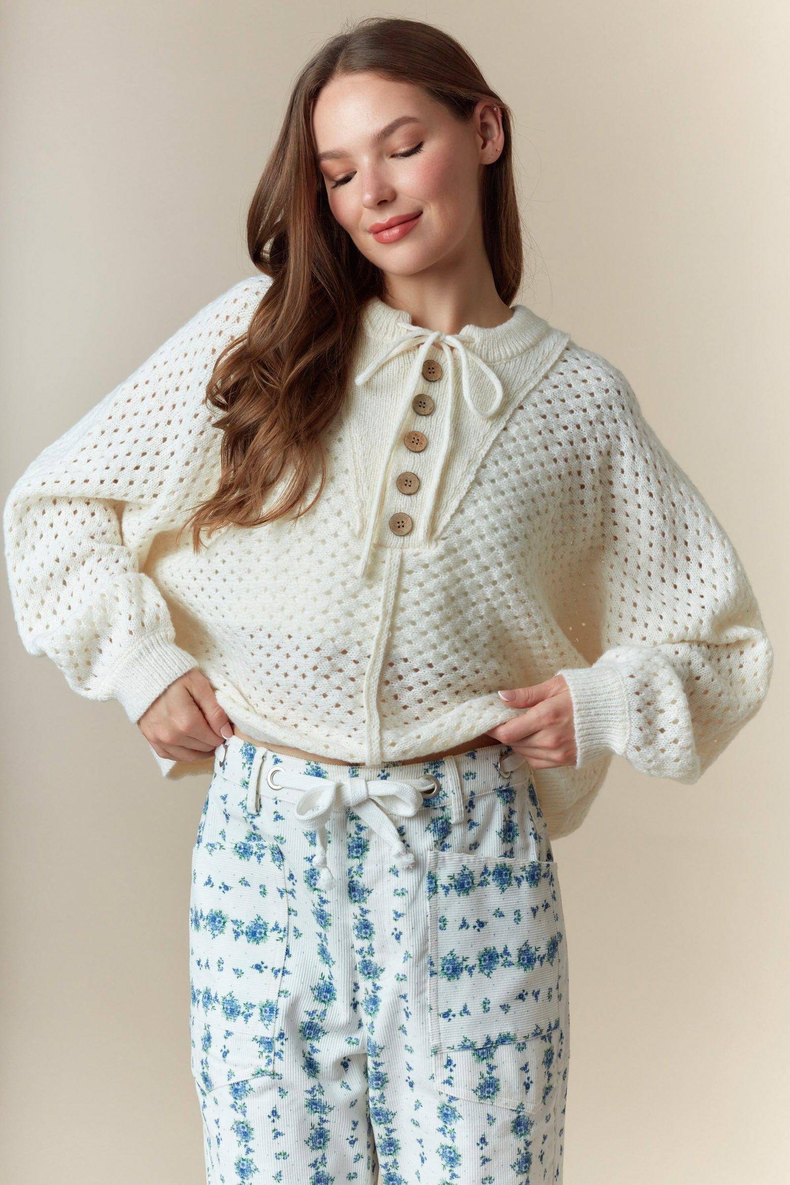 White Knit Sweater with Wooden Buttons and Drawstring Detail-Sweaters-Krush Kandy, Women's Online Fashion Boutique Located in Phoenix, Arizona (Scottsdale Area)