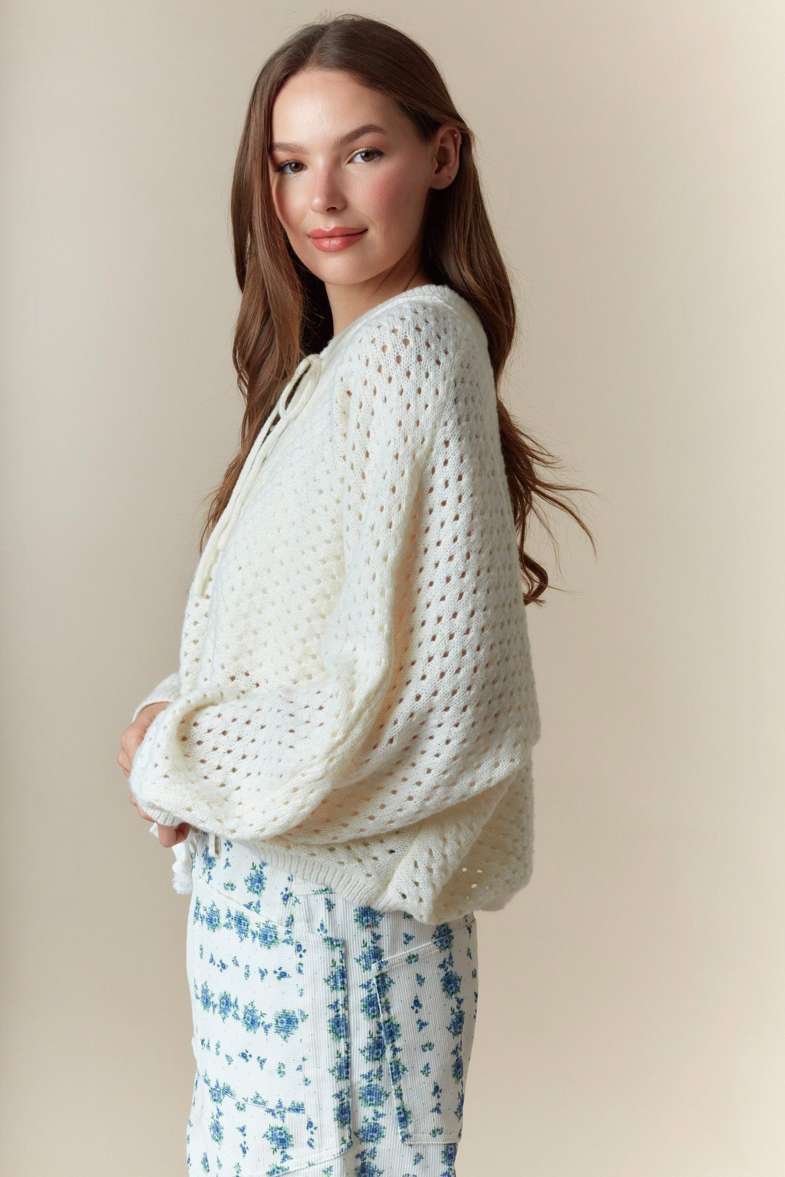 White Knit Sweater with Wooden Buttons and Drawstring Detail-Sweaters-Krush Kandy, Women's Online Fashion Boutique Located in Phoenix, Arizona (Scottsdale Area)