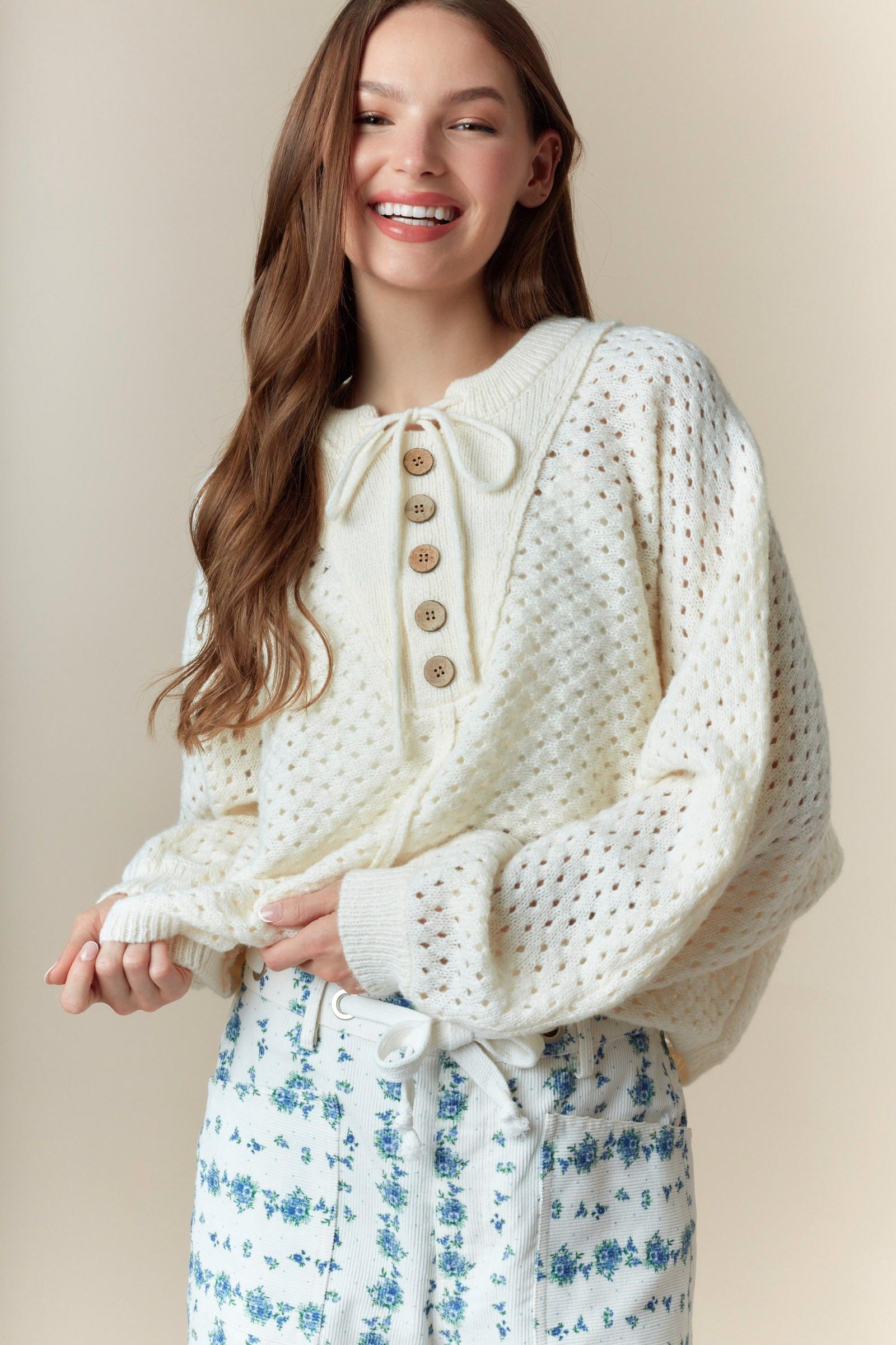 White Knit Sweater with Wooden Buttons and Drawstring Detail-Sweaters-Krush Kandy, Women's Online Fashion Boutique Located in Phoenix, Arizona (Scottsdale Area)
