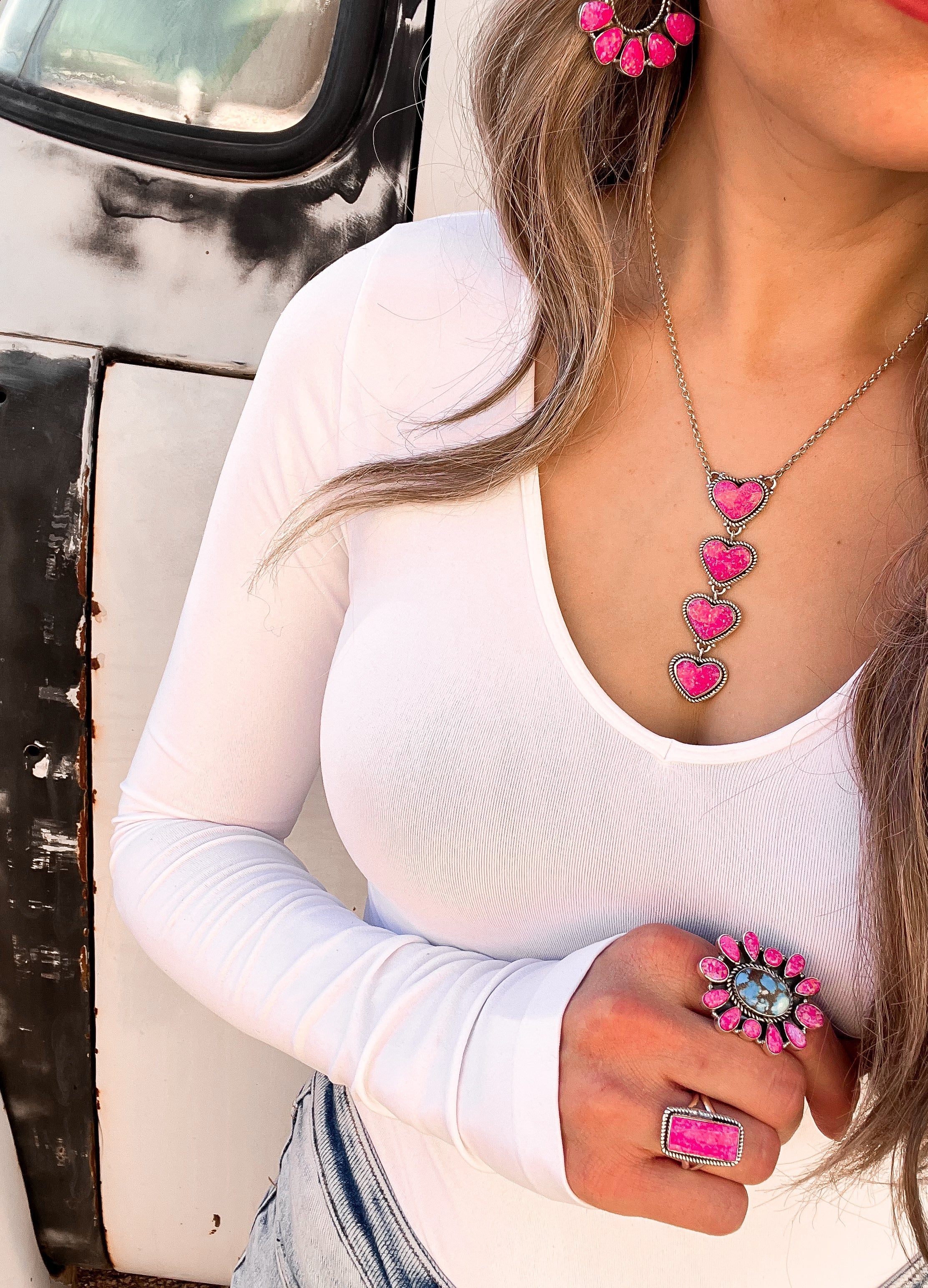 Four Heart Stone Drop Necklace | PREORDER NOW OPEN!-Squash Blossom Necklaces-Krush Kandy, Women's Online Fashion Boutique Located in Phoenix, Arizona (Scottsdale Area)