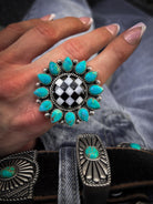 Turquoise & Checkered Sunflower Ring (BIG & SMALL) MADE TO ORDER-Statement Rings-Krush Kandy, Women's Online Fashion Boutique Located in Phoenix, Arizona (Scottsdale Area)