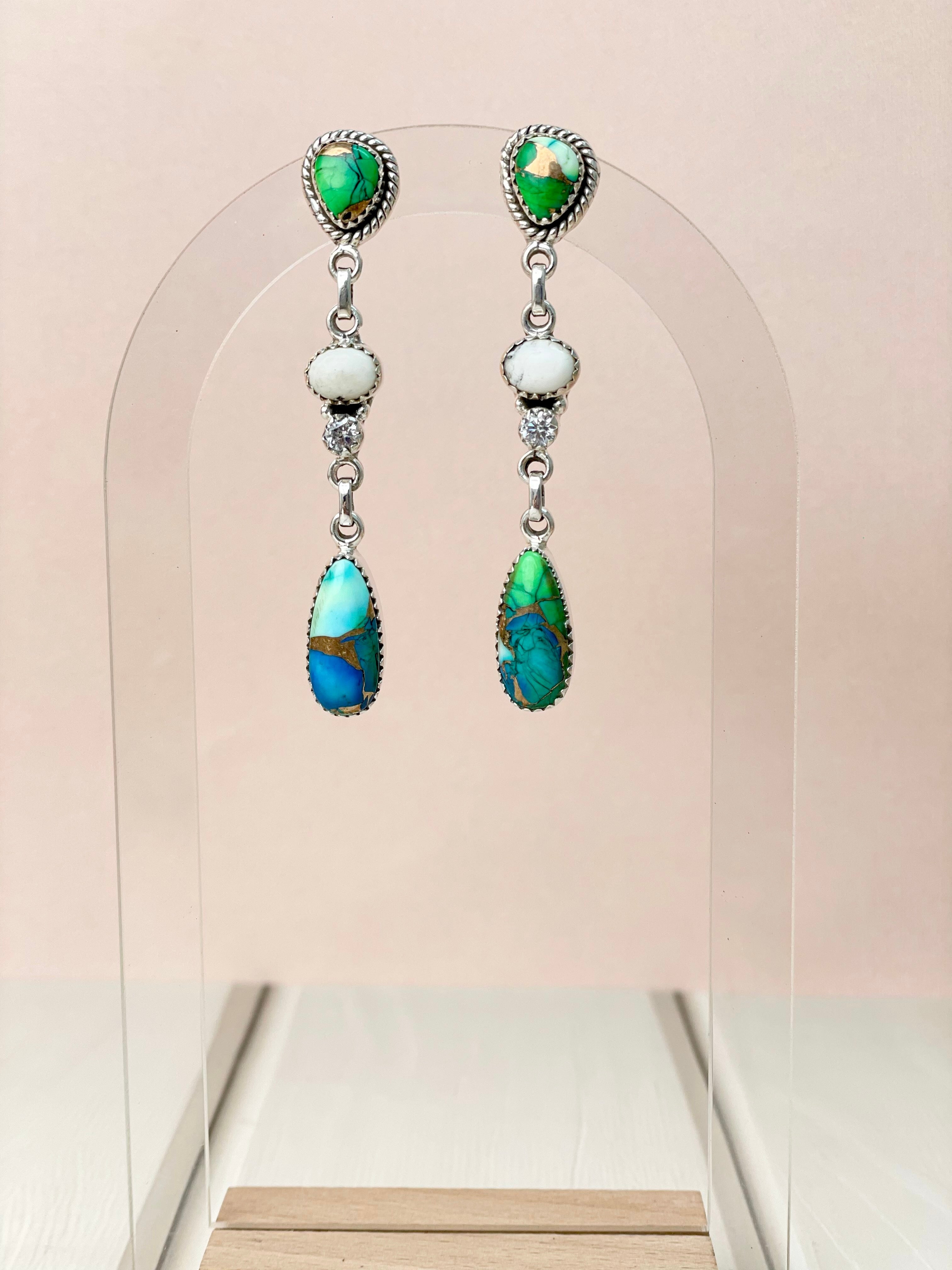 Peacock Dahlia 3 Stone Drop Earrings-Earrings-Krush Kandy, Women's Online Fashion Boutique Located in Phoenix, Arizona (Scottsdale Area)