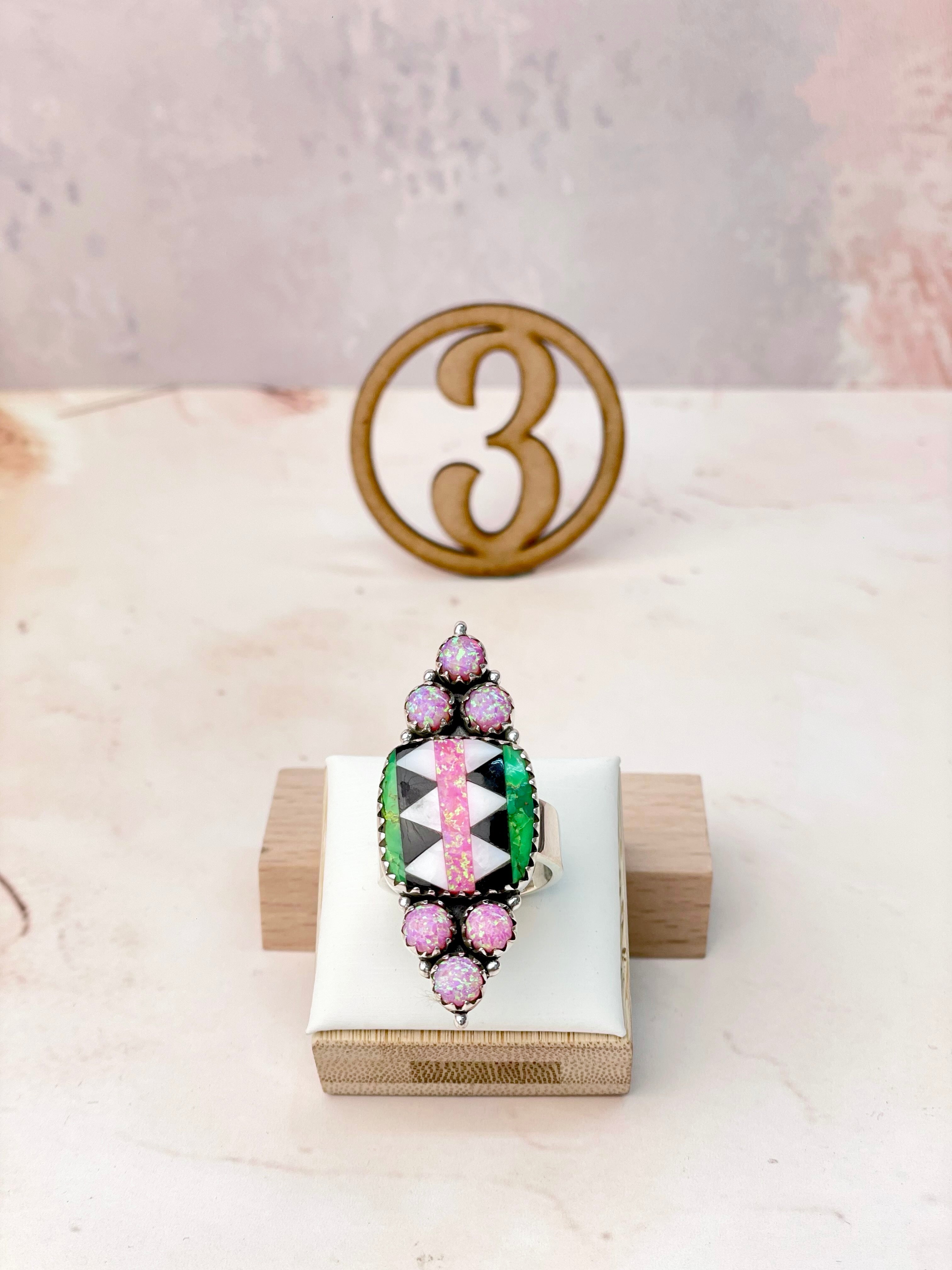 Fiery Pink Opal Aztec Pattern Mixed Rings-Rings-Krush Kandy, Women's Online Fashion Boutique Located in Phoenix, Arizona (Scottsdale Area)