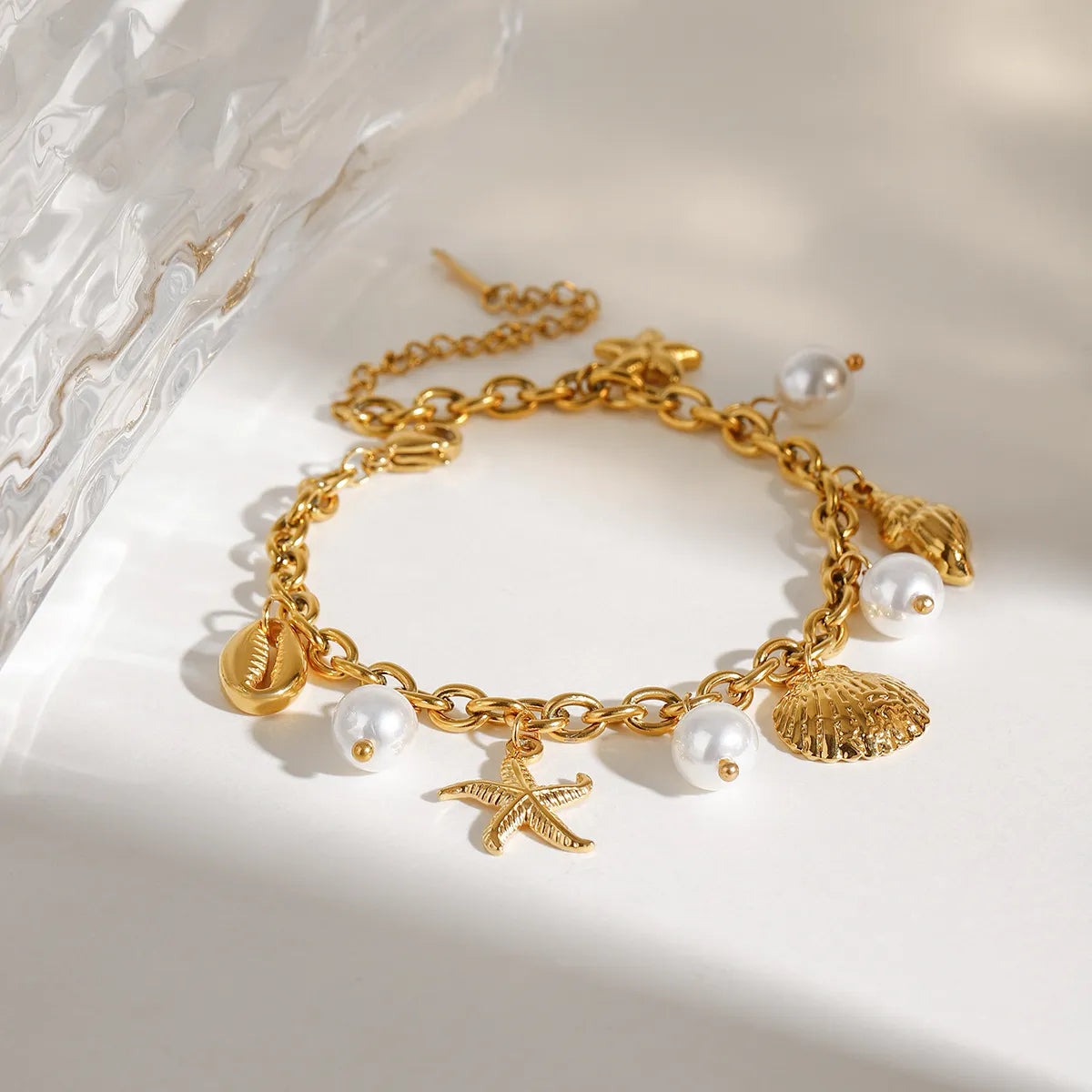 Ocean Theme Stainless Steel Chain Bracelet with Seashell and Starfish Pendants-Bracelets-Krush Kandy, Women's Online Fashion Boutique Located in Phoenix, Arizona (Scottsdale Area)