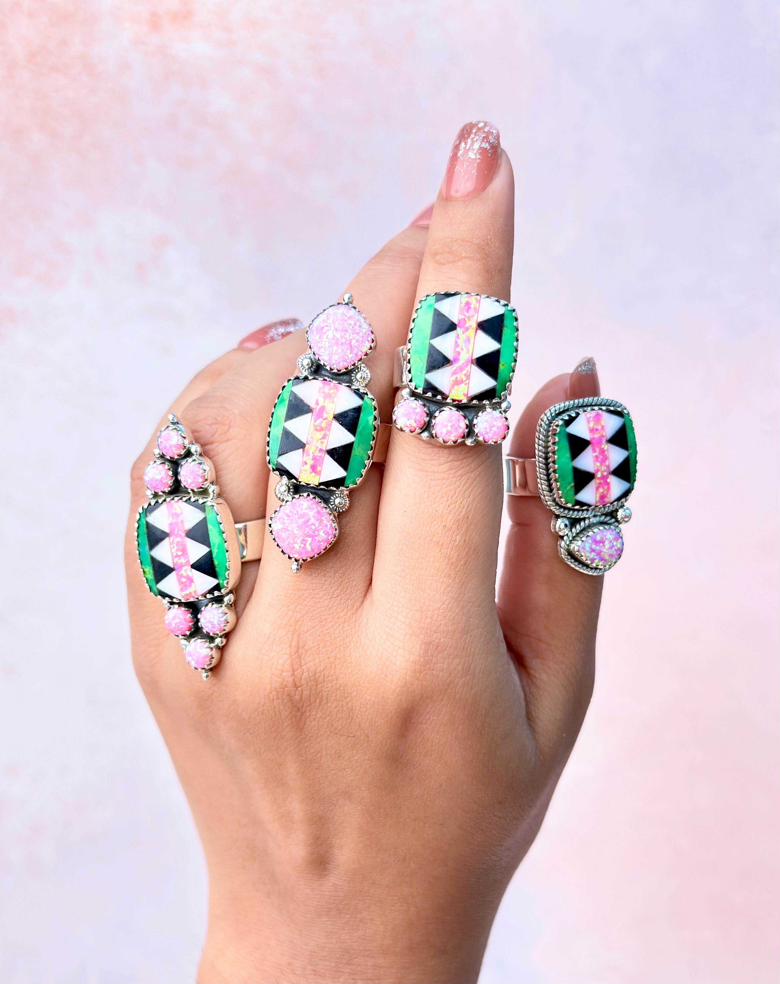 Fiery Pink Opal Aztec Pattern Mixed Rings – My Julrae - Krush