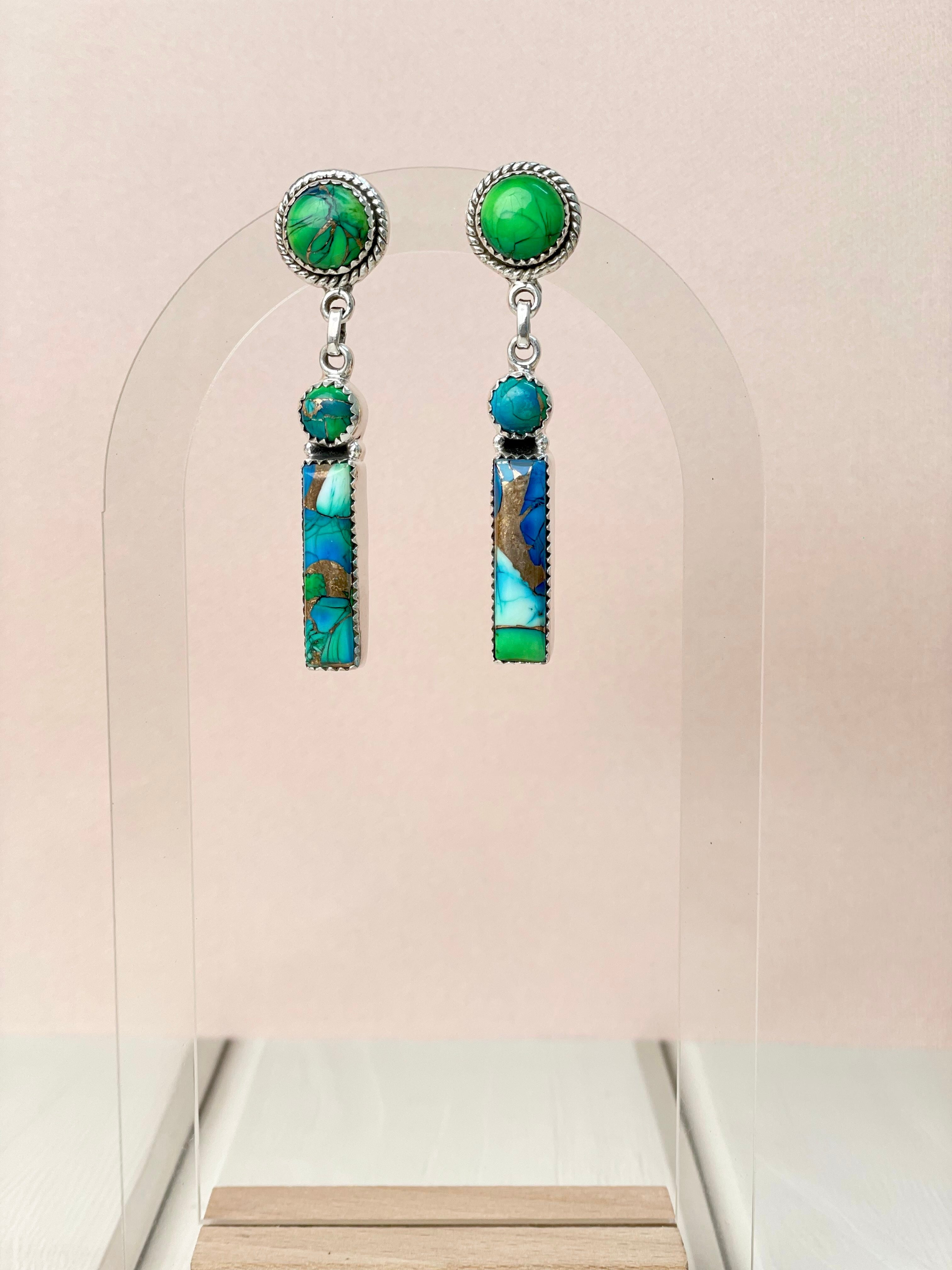 Peacock Dahlia Bar Drop Earrings-Earrings-Krush Kandy, Women's Online Fashion Boutique Located in Phoenix, Arizona (Scottsdale Area)